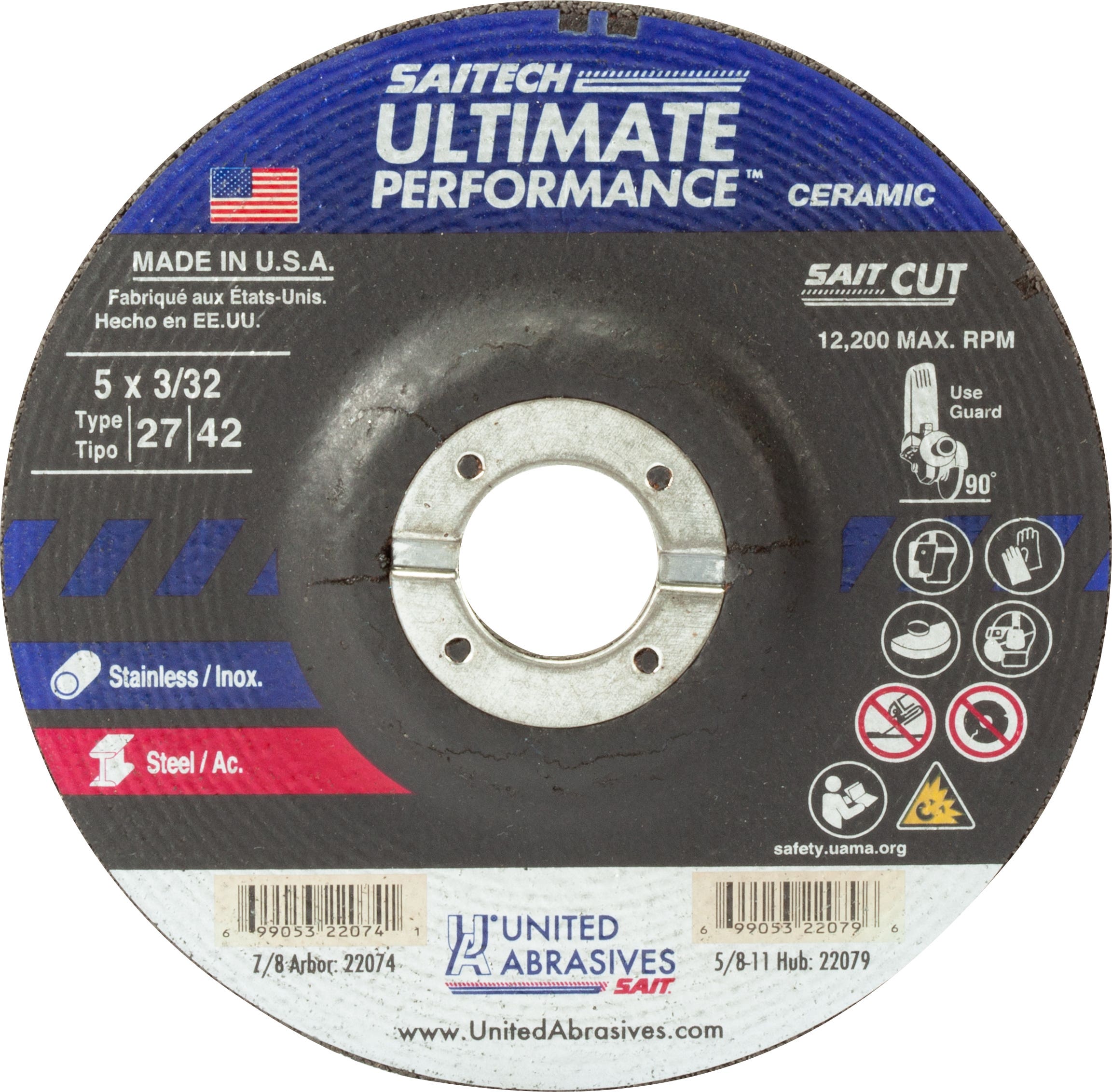 5" x 3/32" x 7/8" Saitech Ultimate Performance Depressed Center Cutting Wheels, Type 27, 12,200 Max RPM, United Abrasives 22074