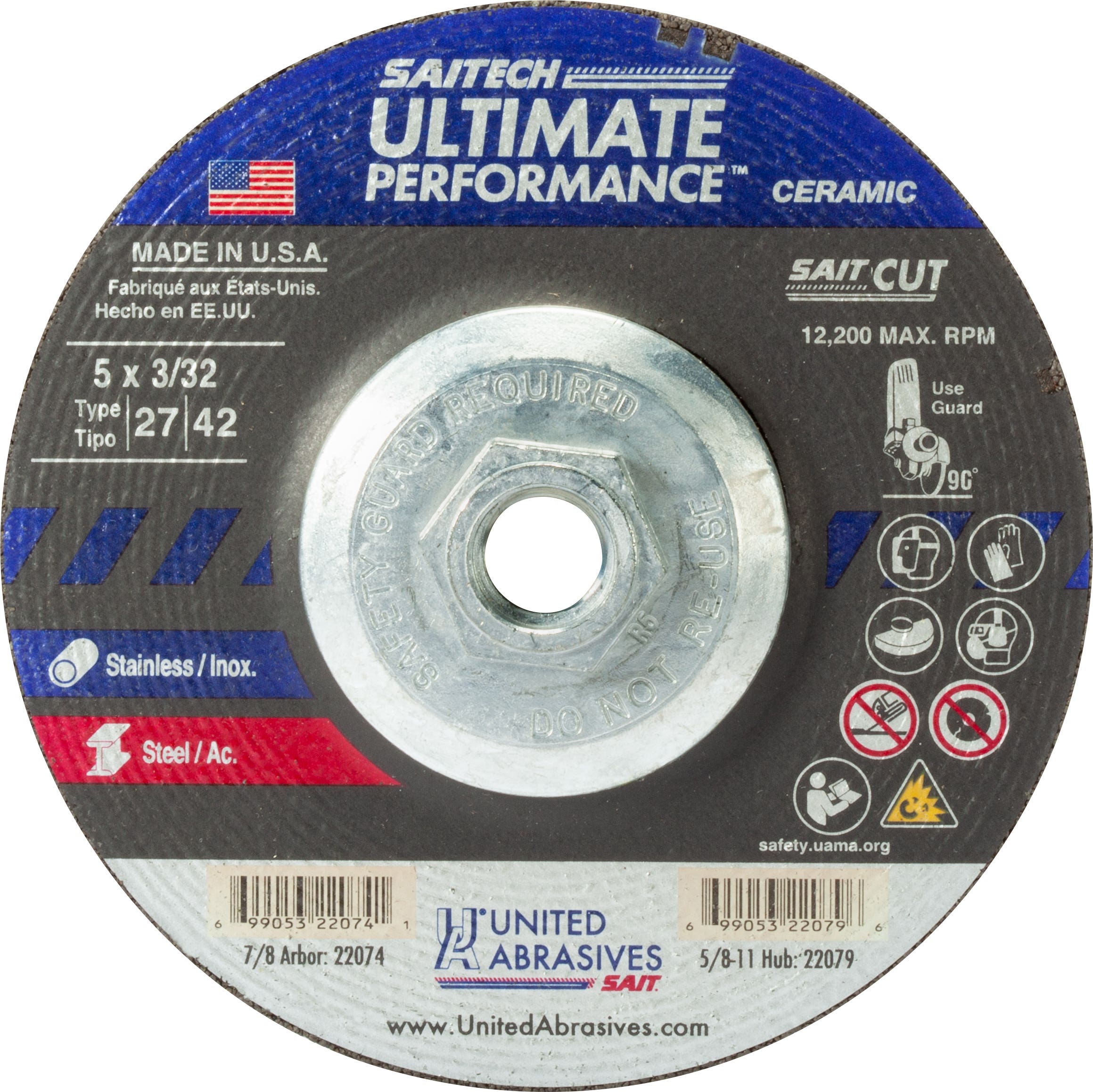5" x 3/32" x 5/8"-11 Saitech Ultimate Performance Depressed Center Cutting Wheels, Type 27, 12,200 Max RPM, United Abrasives 22079