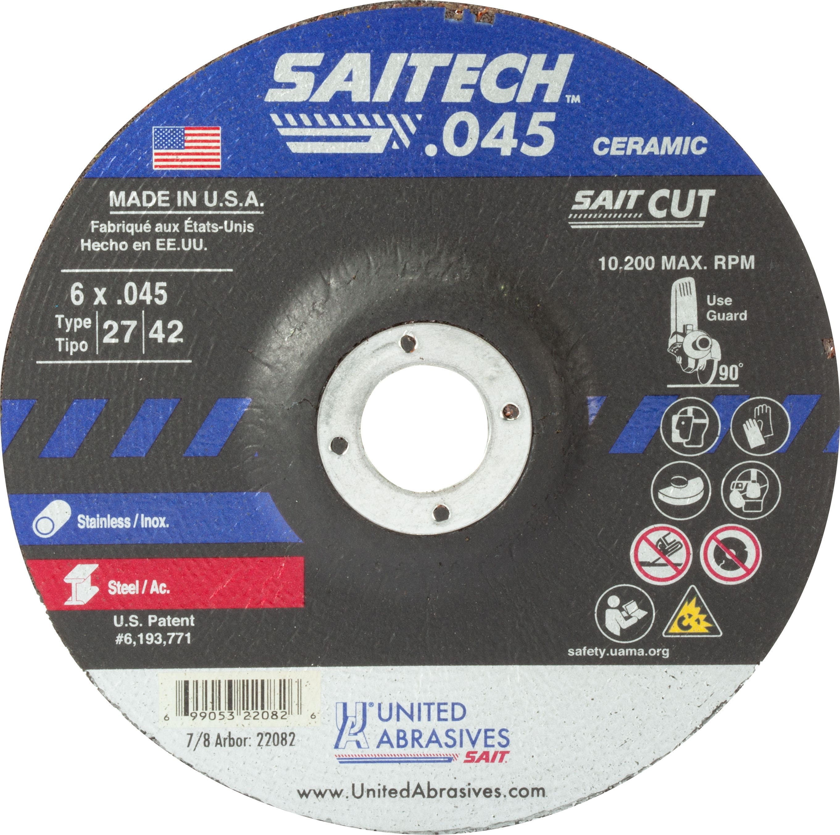 6" x .045" x 7/8" Saitech High Performance Cutting Wheels, Type 27, United Abrasives 22082