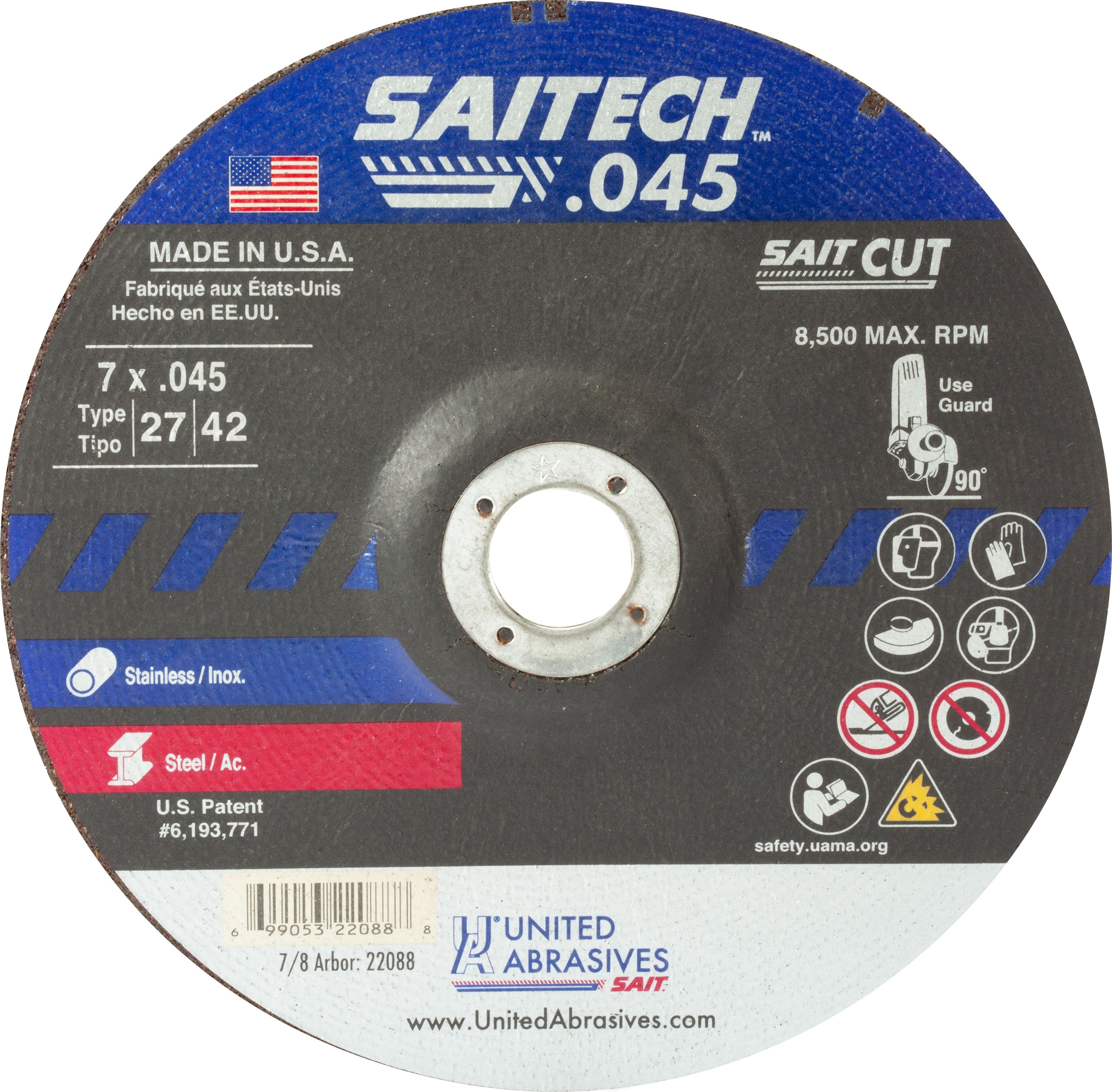 7" x .045" x 7/8" Saitech High Performance Cutting Wheels, Type 27, United Abrasives 22088