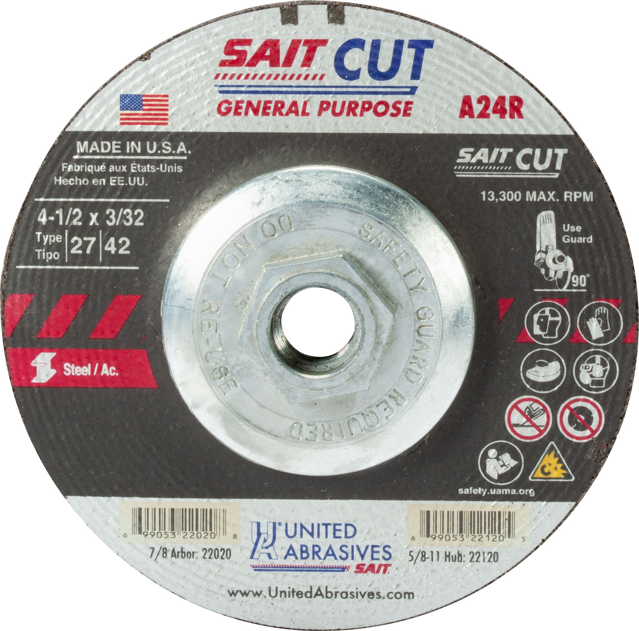 4-1/2" x 3/32" x 5/8"-11 A24R - General Purpose Specialty Cutting Wheels, Type 27, 13,300 Max RPM, United Abrasives 22120