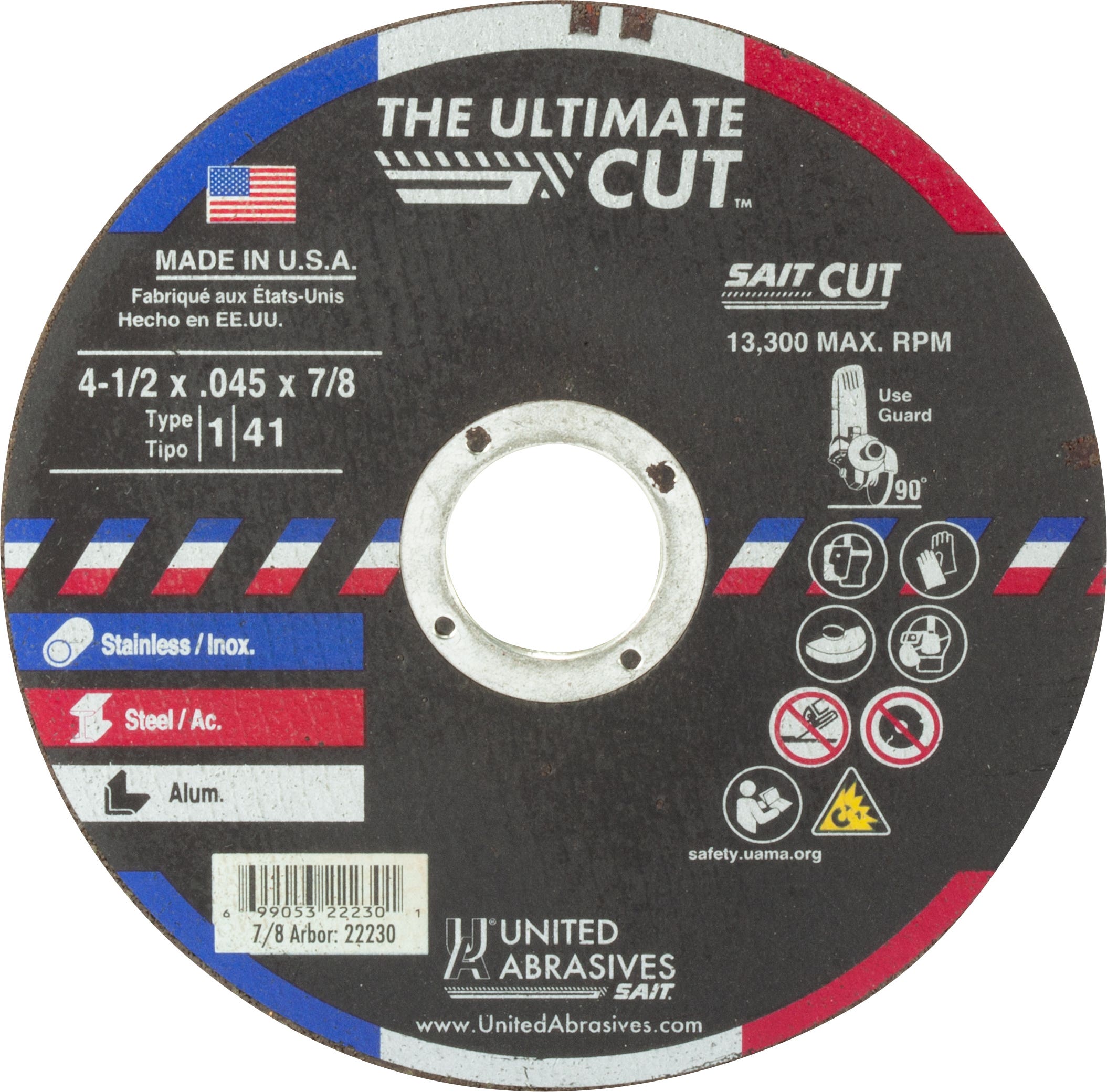 4-1/2" x .045" x 7/8" The Ultimate Cut Thin High Speed Cut-Off Wheels, Type 1, United Abrasives 22230