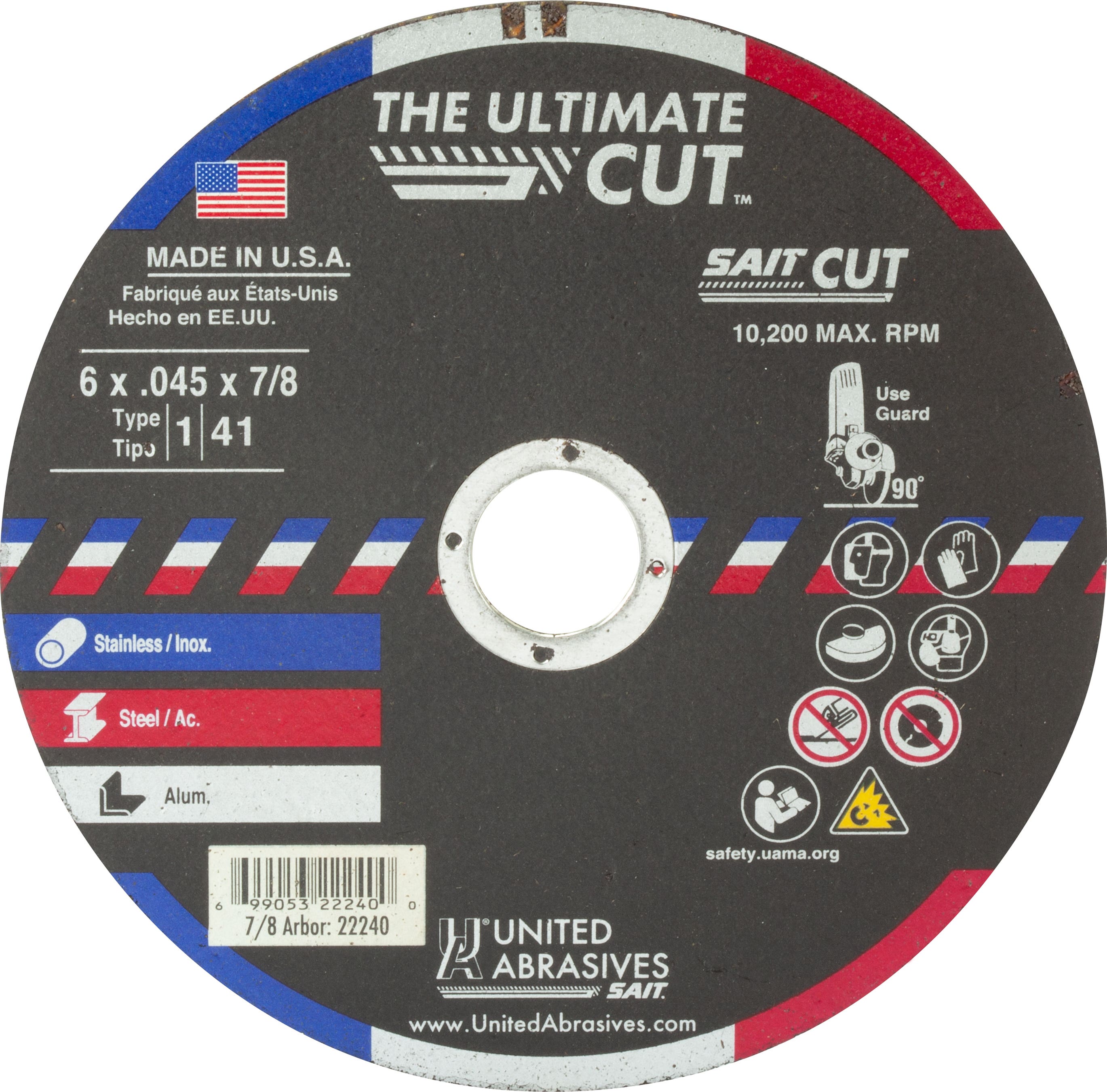 6" x .045" x 7/8" The Ultimate Cut Thin High Speed Cut-Off Wheels, Type 1, United Abrasives 22240