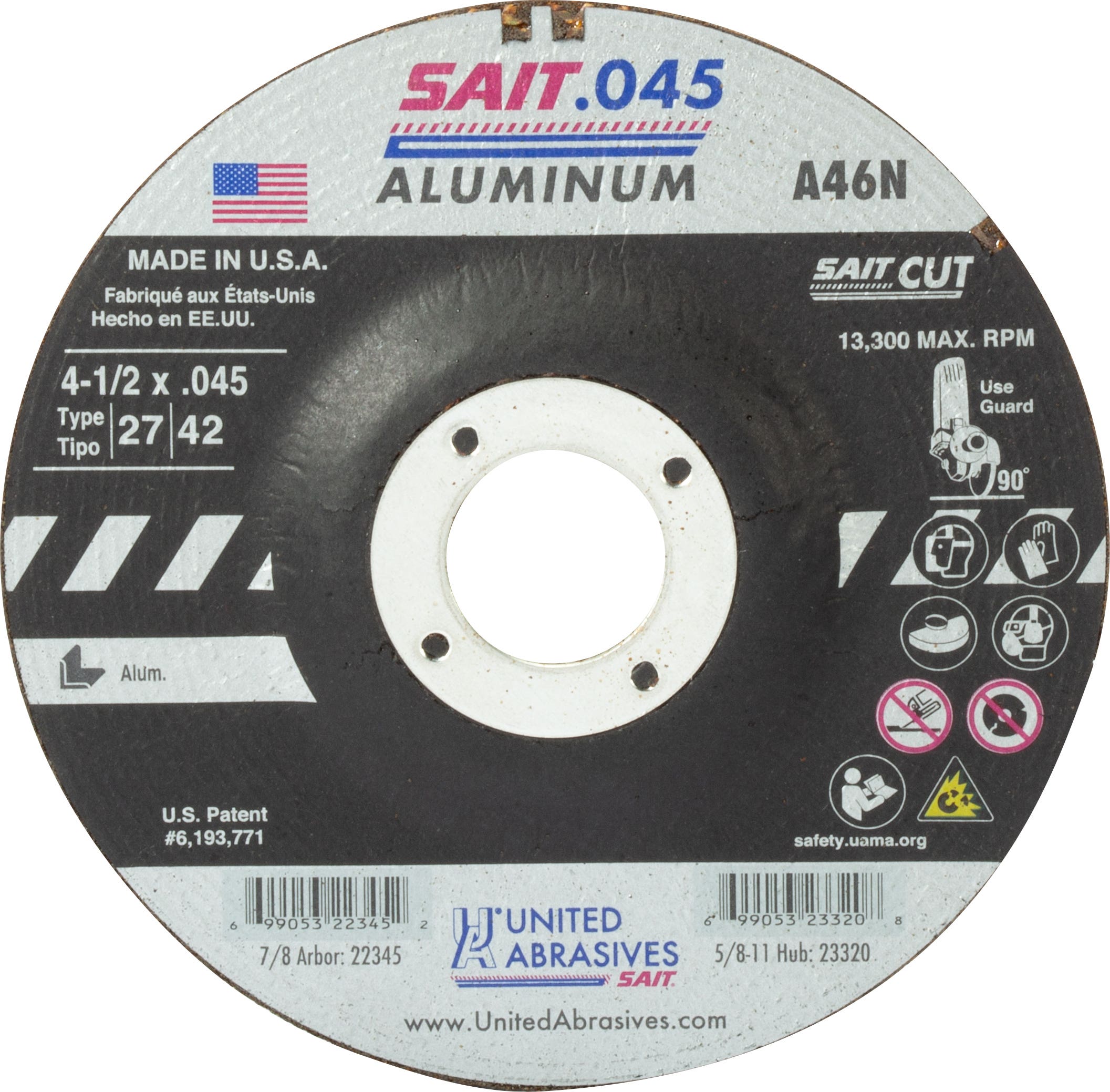 4-1/2" x .045" x 7/8" A46N Aluminum Depressed Center Cutting Wheels, Type 27, United Abrasives 22345