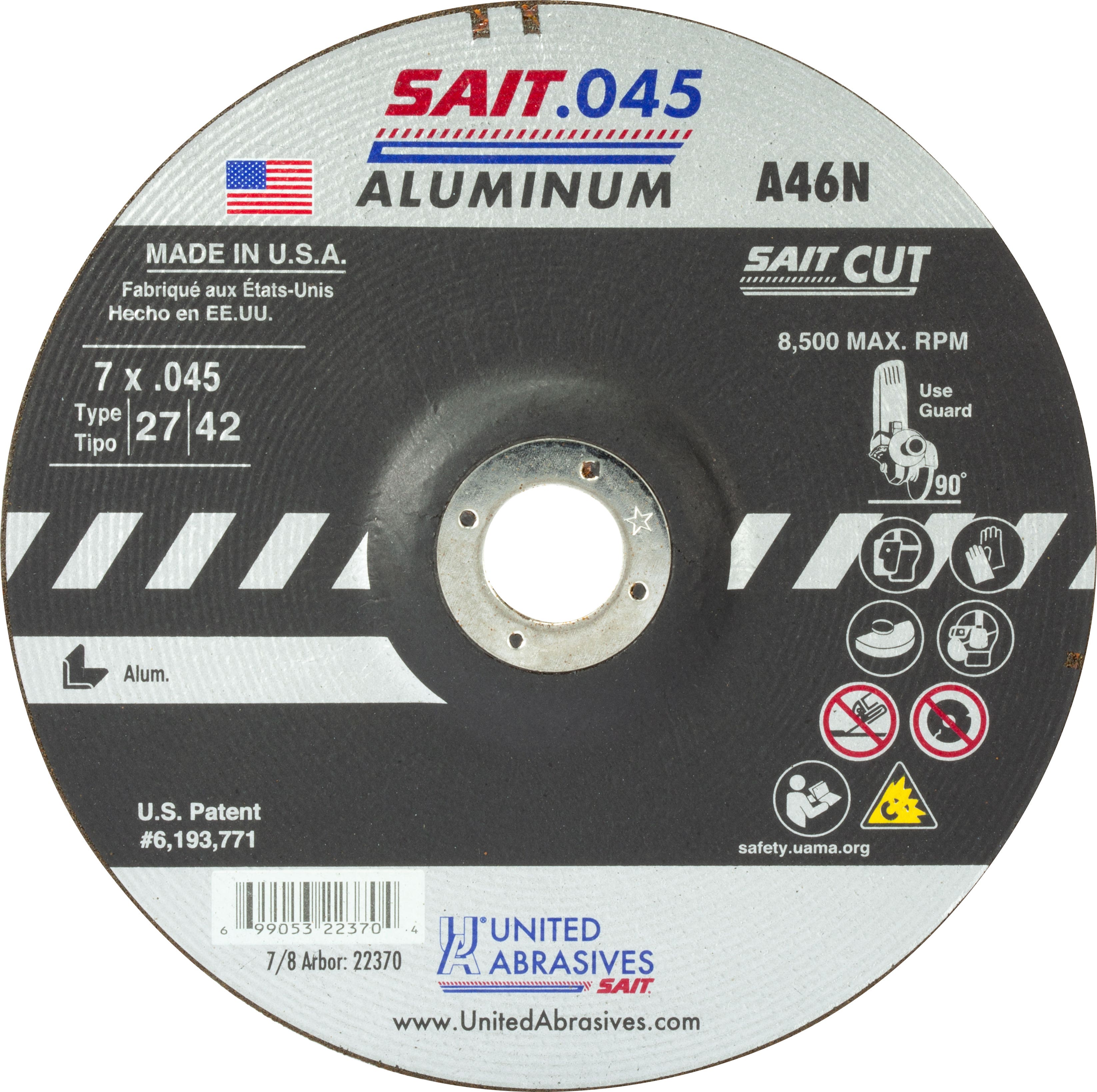 7" x .045" x 7/8" A46N Aluminum Depressed Center Cutting Wheels, Type 27, United Abrasives 22370