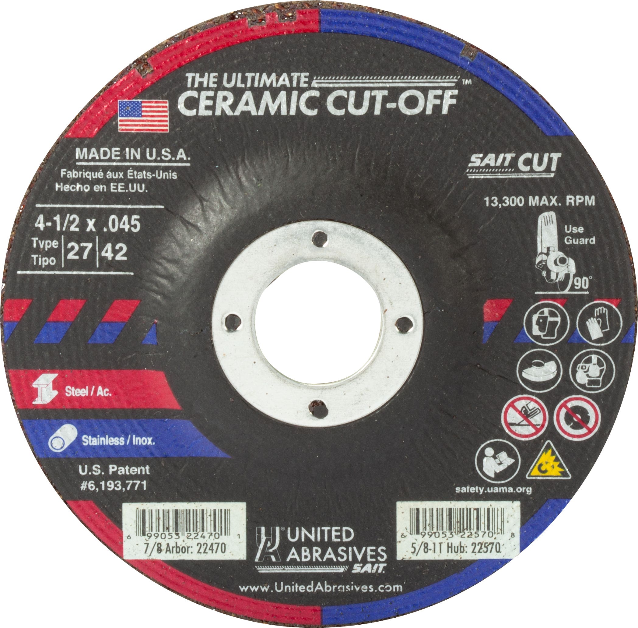 4-1/2" x .045" x 7/8" The Ultimate Ceramic Cut Off High Performance Cutting Wheels, Type 27, 13,300 Max RPM, United Abrasives 22470
