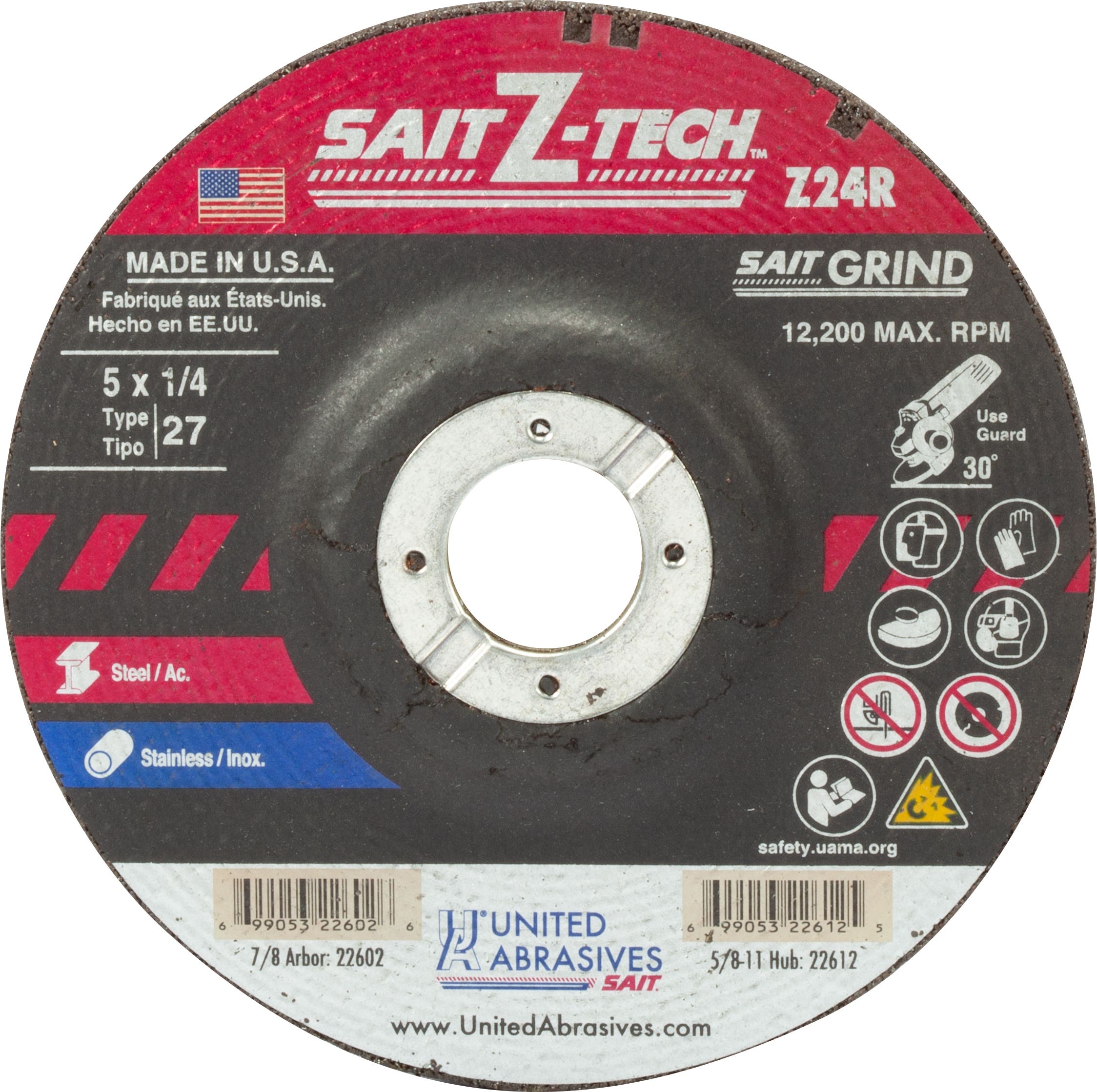 5" x 1/4" x 7/8" Z24R Zirconium Depressed Center Grinding Wheels, Type 27, United Abrasives 22602