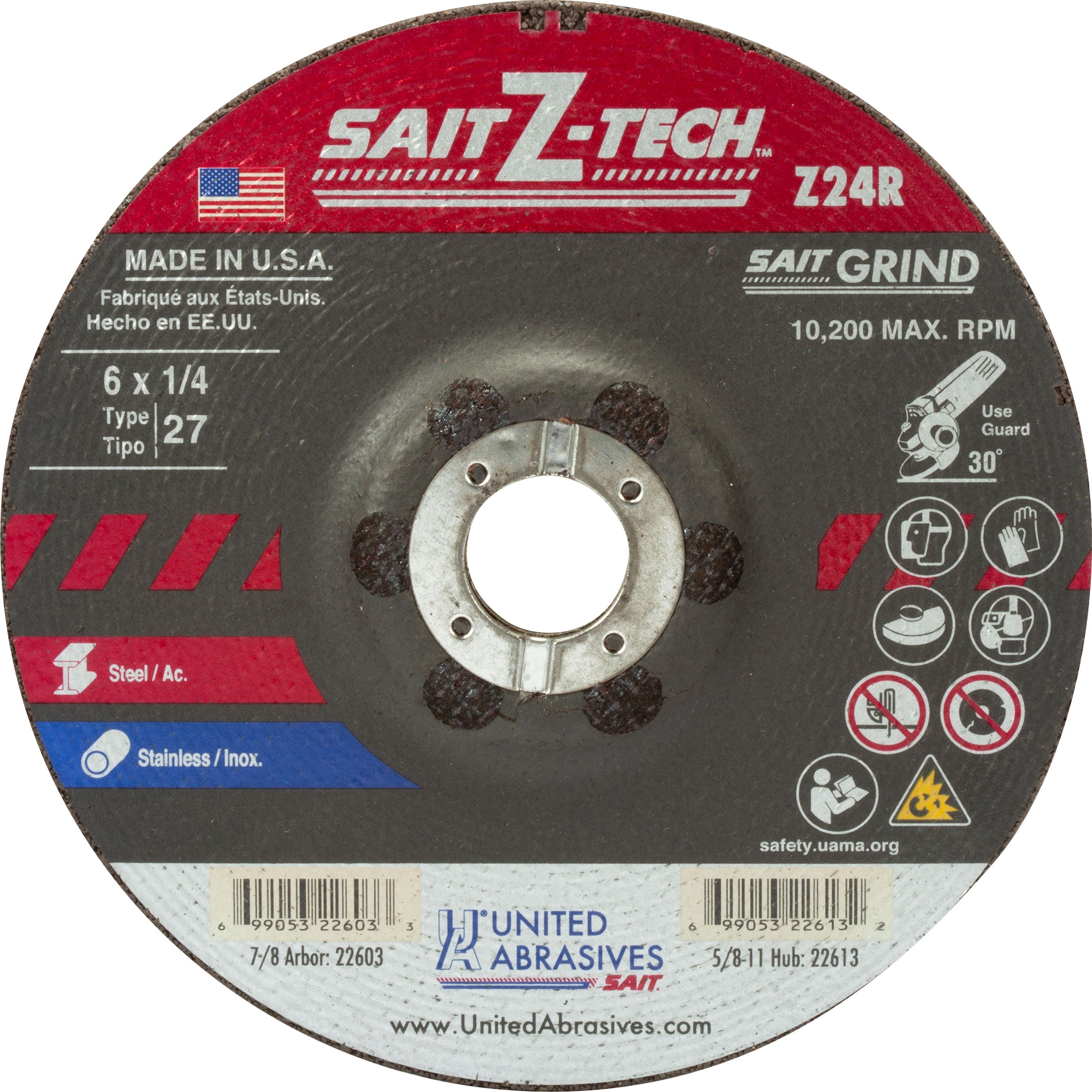 6" x 1/4" x 7/8" Z24R Zirconium Depressed Center Grinding Wheels, Type 27, United Abrasives 22603