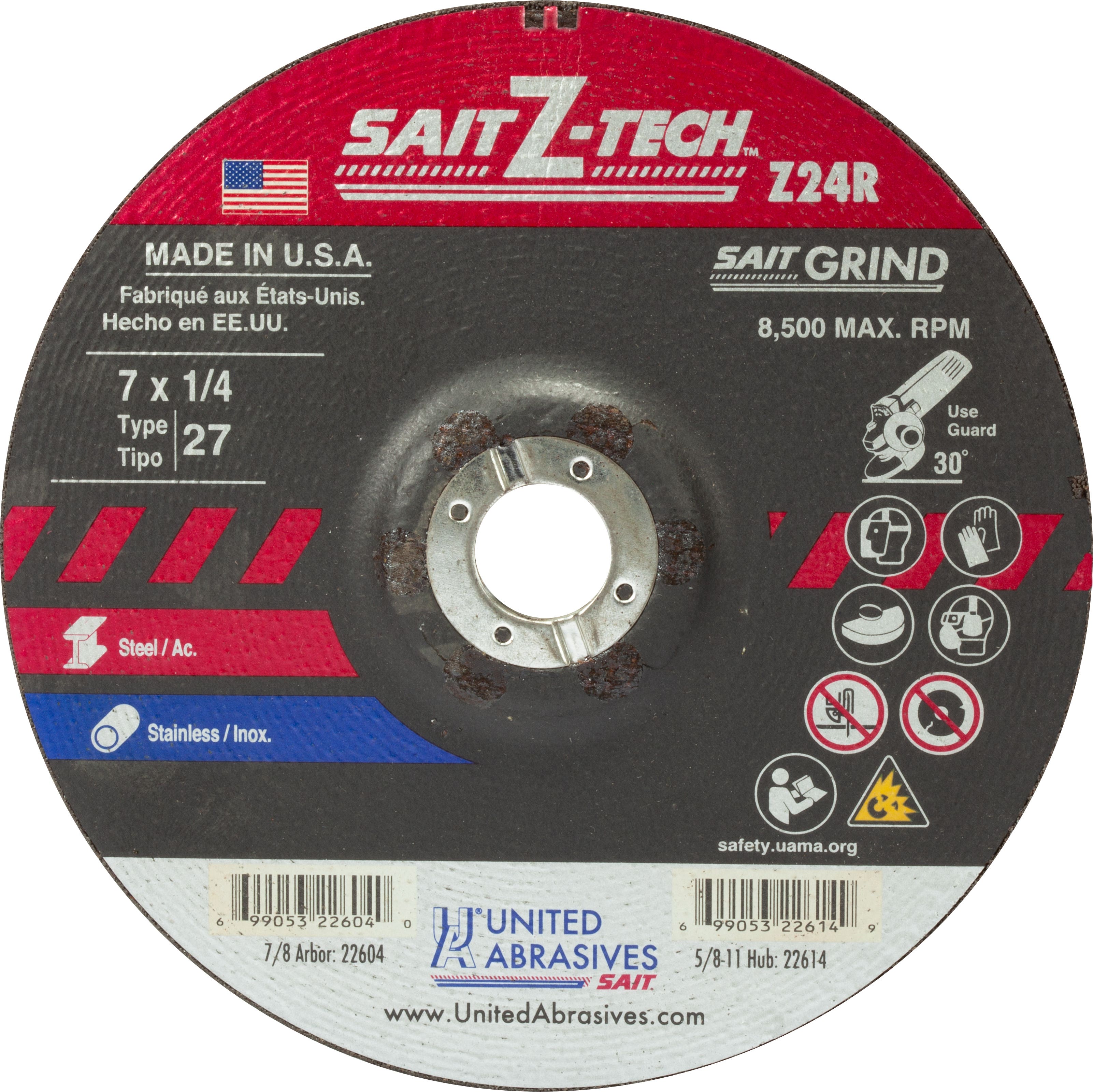 7" x 1/4" x 7/8" Z24R Zirconium Depressed Center Grinding Wheels, Type 27, United Abrasives 22604