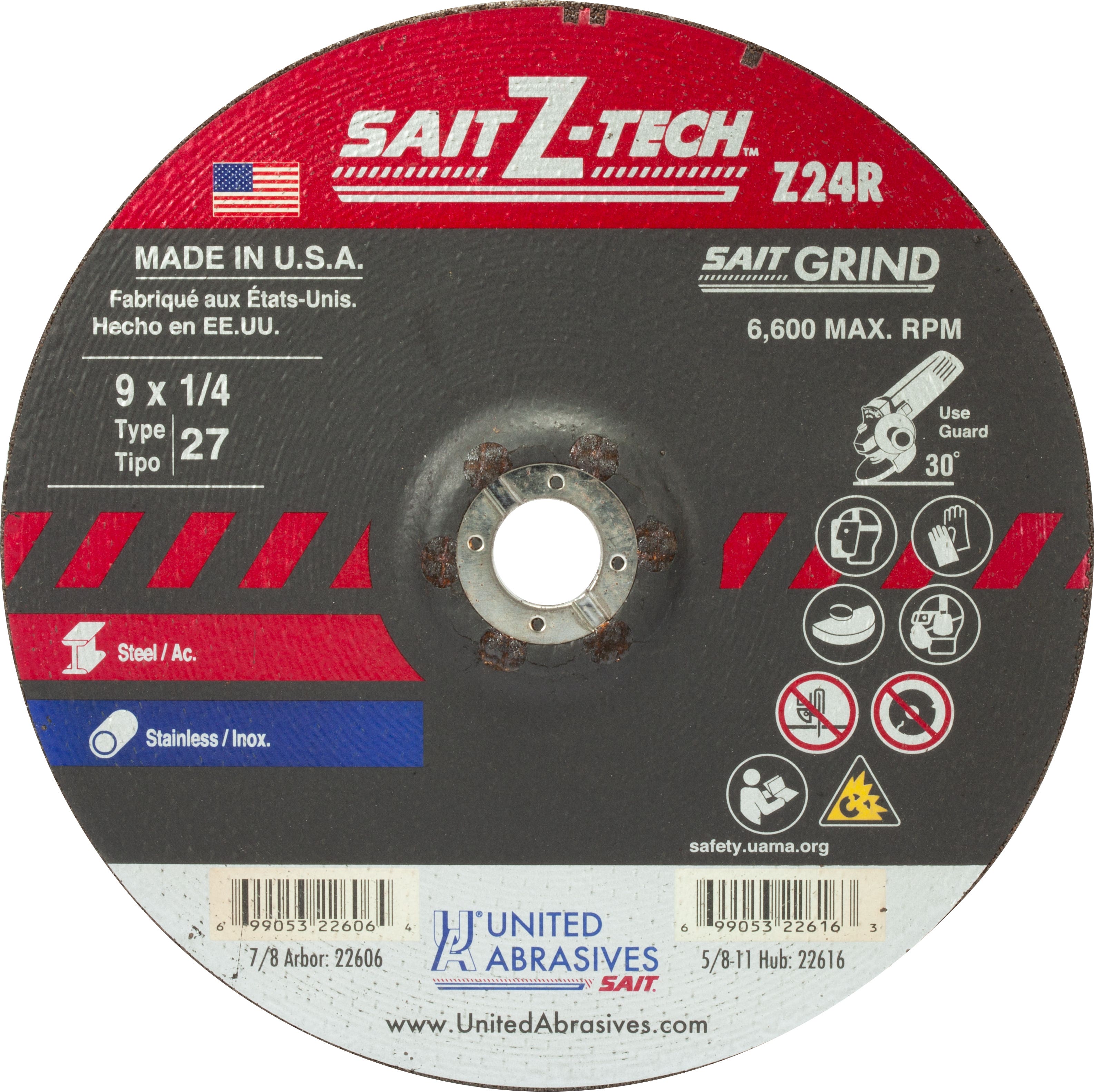 9" x 1/4" x 7/8" Z24R Zirconium Depressed Center Grinding Wheels, Type 27, United Abrasives 22606