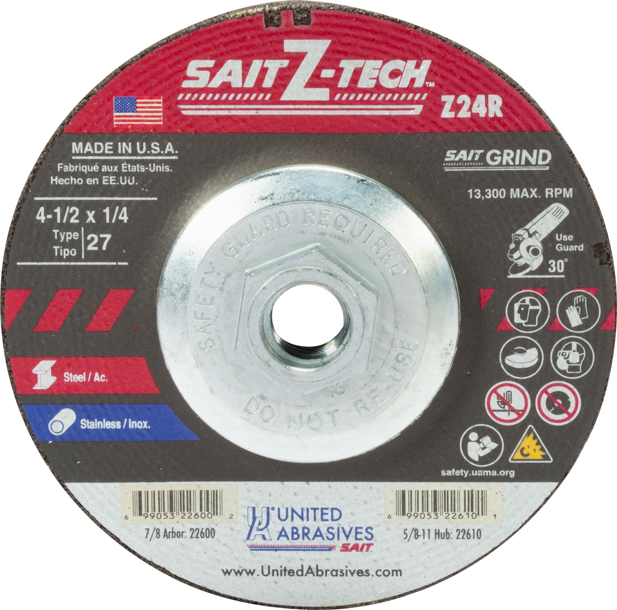 4-1/2" x 1/4" x 5/8"-11 Z24R Zirconium Depressed Center Grinding Wheels, Type 27, United Abrasives 22610