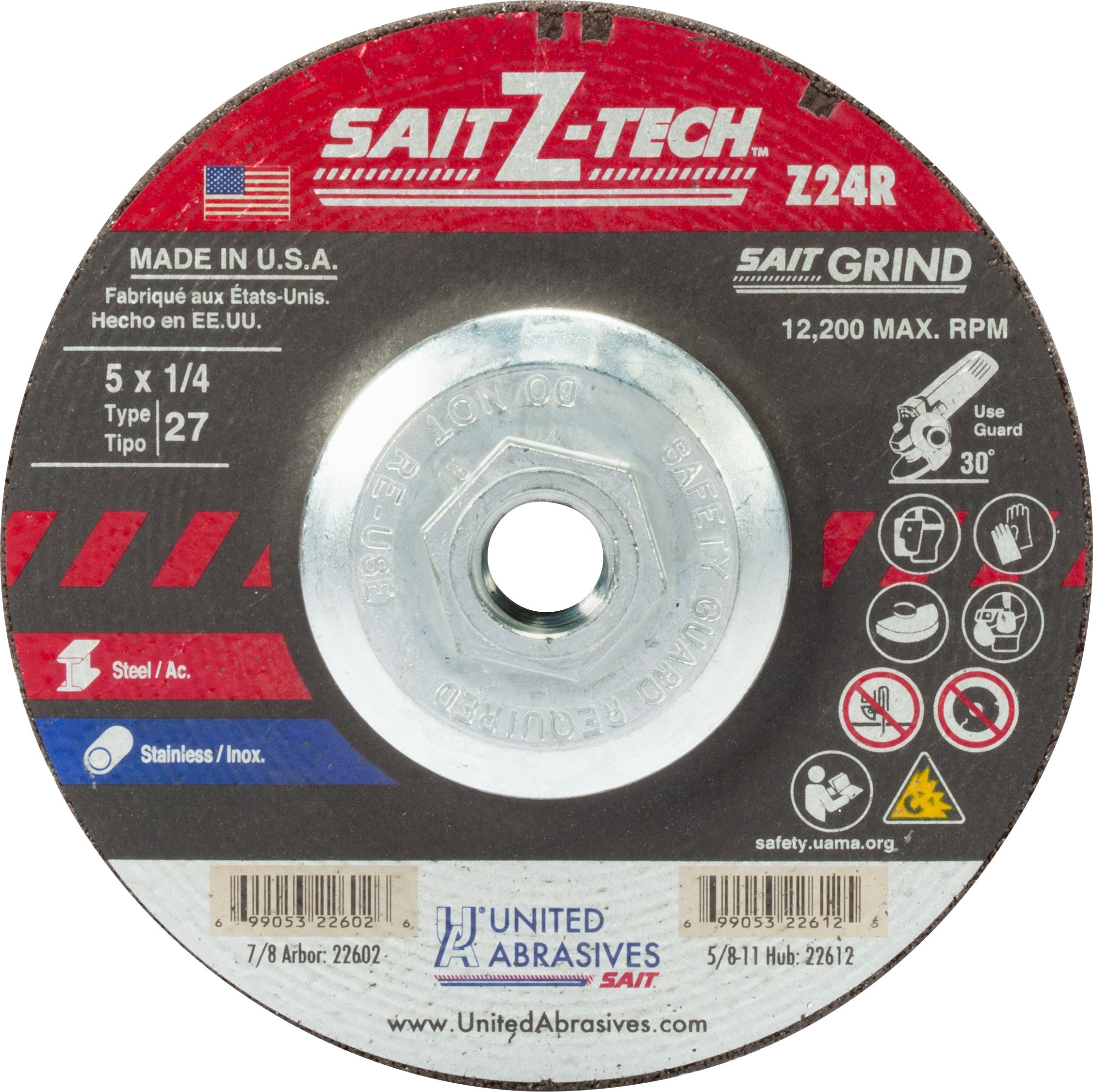 5" x 1/4" x 5/8"-11 Z24R Zirconium Depressed Center Grinding Wheels, Type 27, United Abrasives 22612