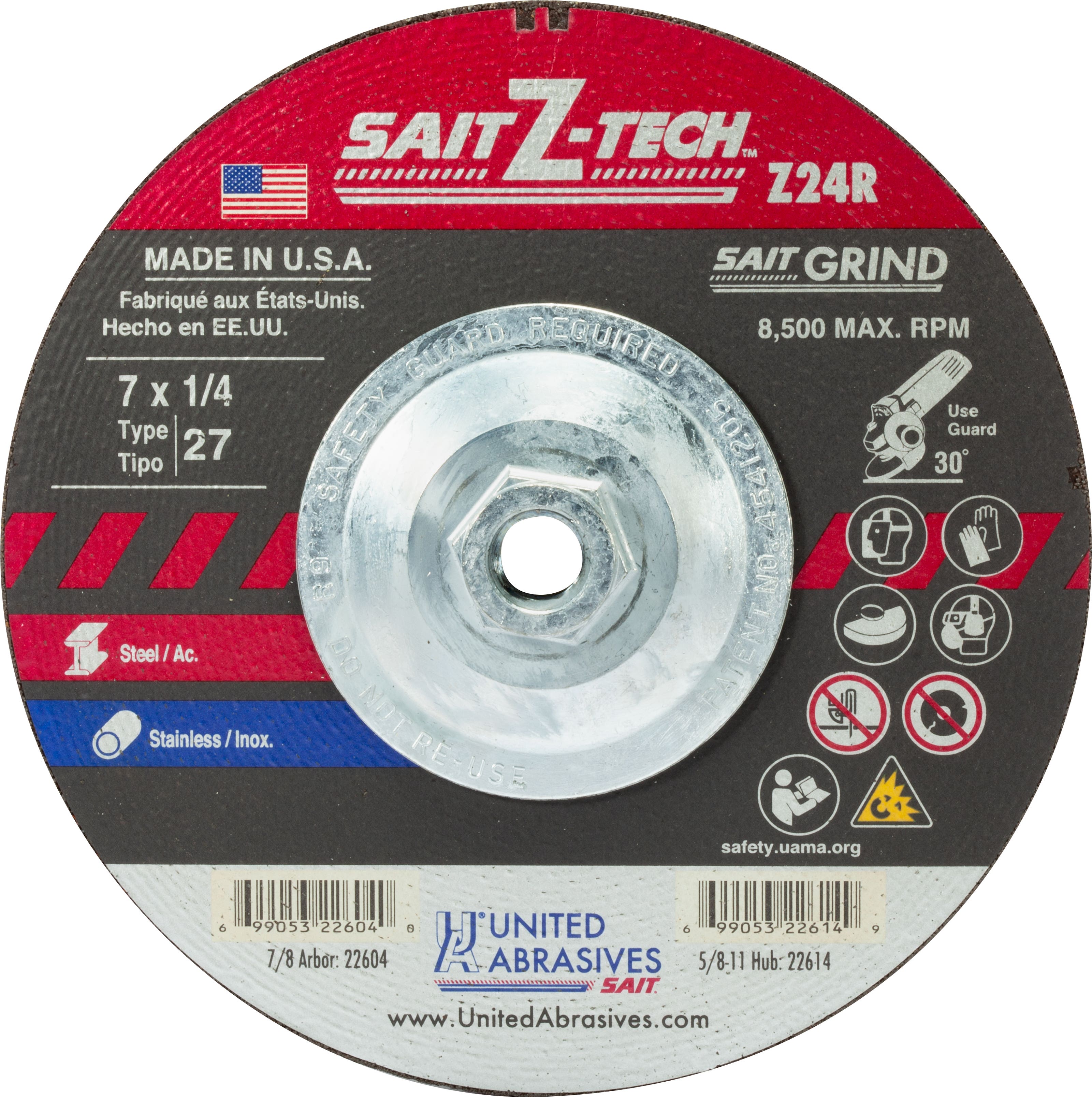 7" x 1/4" x 5/8"-11 Z24R Zirconium Depressed Center Grinding Wheels, Type 27, United Abrasives 22614