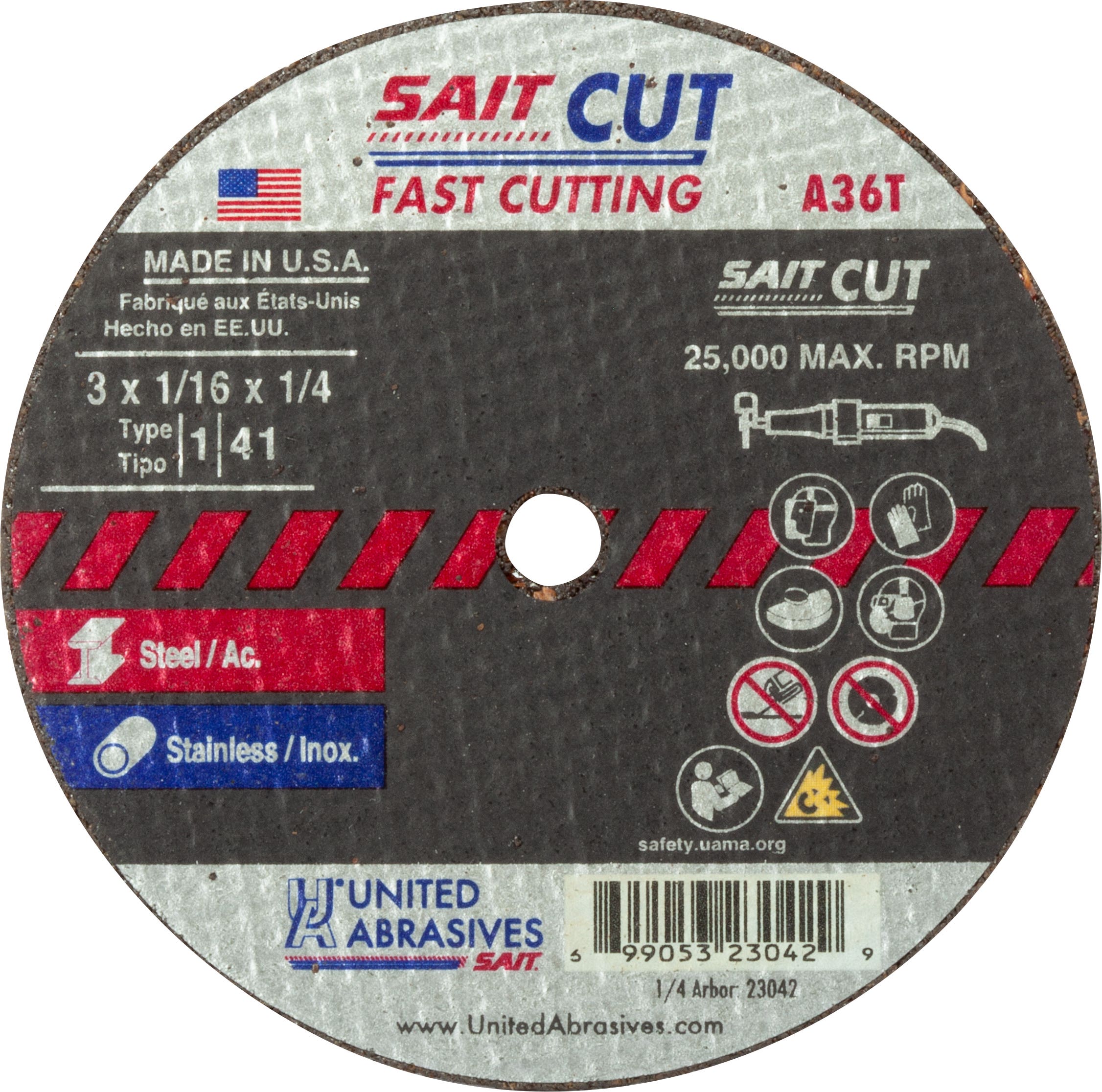 3" x 1/16" x 1/4" A36T - Fast Cutting Thin High Speed Cut-Off Wheels, Type 1, 25,000 Max RPM, United Abrasives 23042