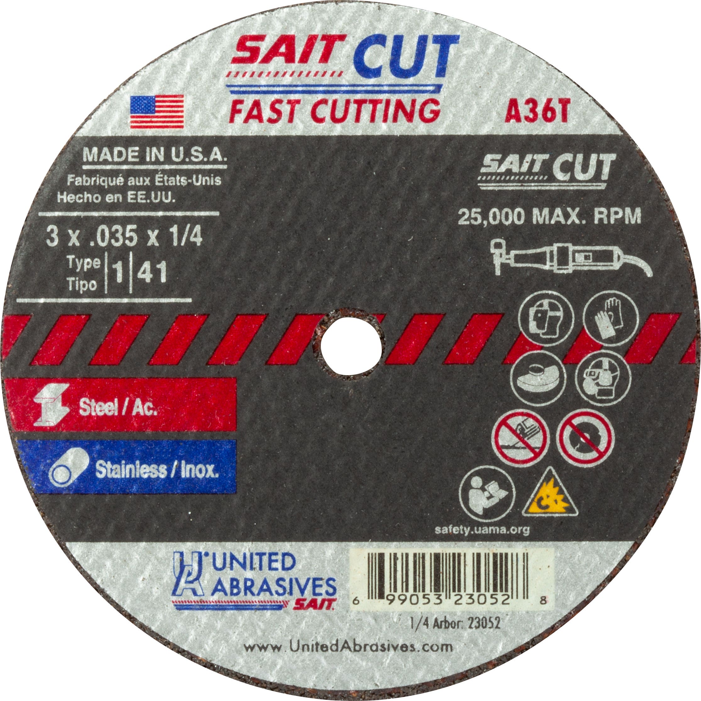 3" x .035" x 1/4" A36T - Fast Cutting Thin High Speed Cut-Off Wheels, Type 1, 25,000 Max RPM, United Abrasives 23052