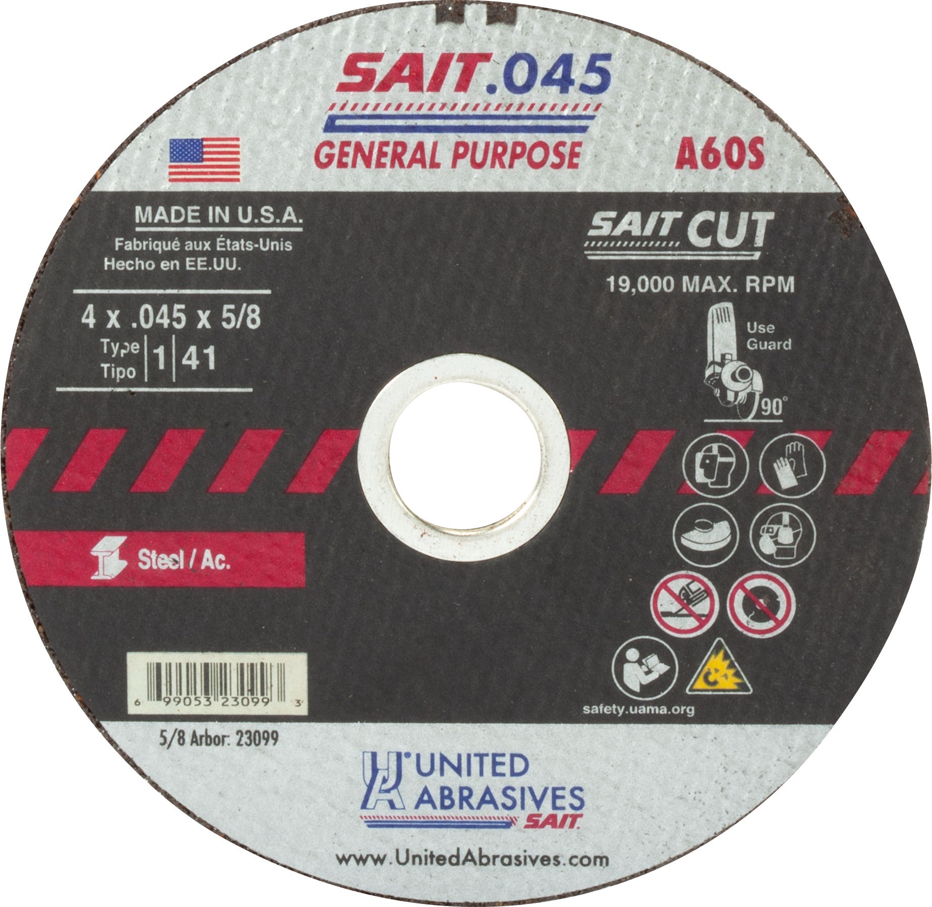 4" x .045" x 5/8" A60S General Purpose Thin High Speed Cut-Off Wheels, Type 1, United Abrasives 23099