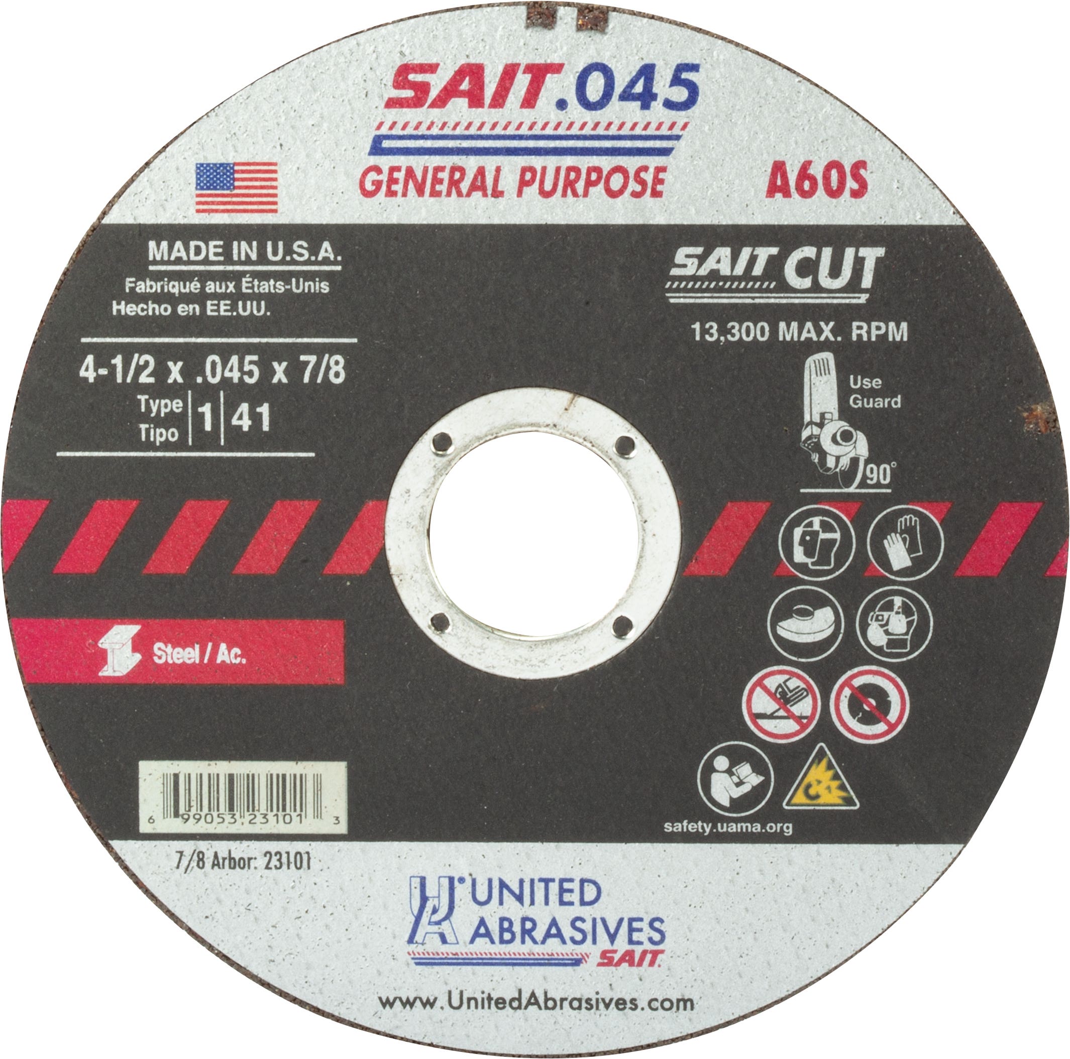 4-1/2" x .045" x 7/8" A60S General Purpose Thin High Speed Cut-Off Wheels, Type 1, United Abrasives 23101