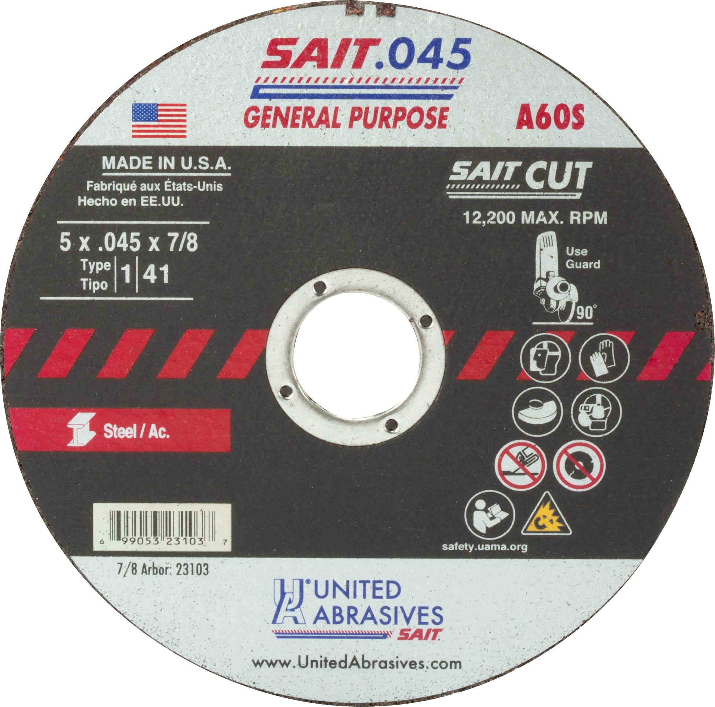 5" x .045" x 7/8" A60S General Purpose Thin High Speed Cut-Off Wheels, Type 1, United Abrasives 23103