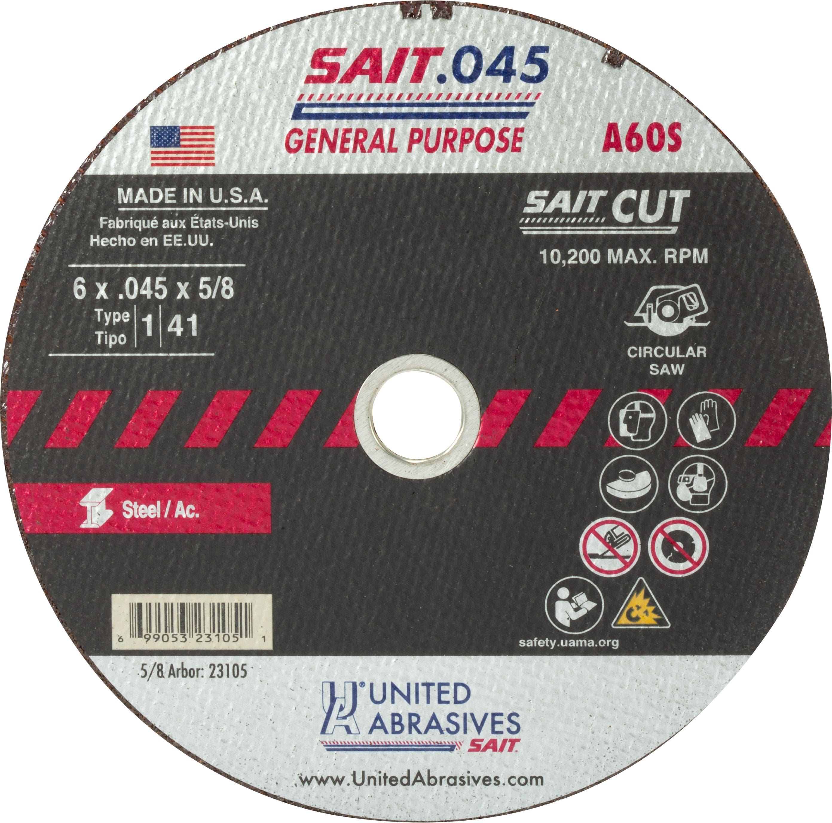 6" x .045" x 5/8" A60S General Purpose Thin High Speed Cut-Off Wheels, Type 1, United Abrasives 23105