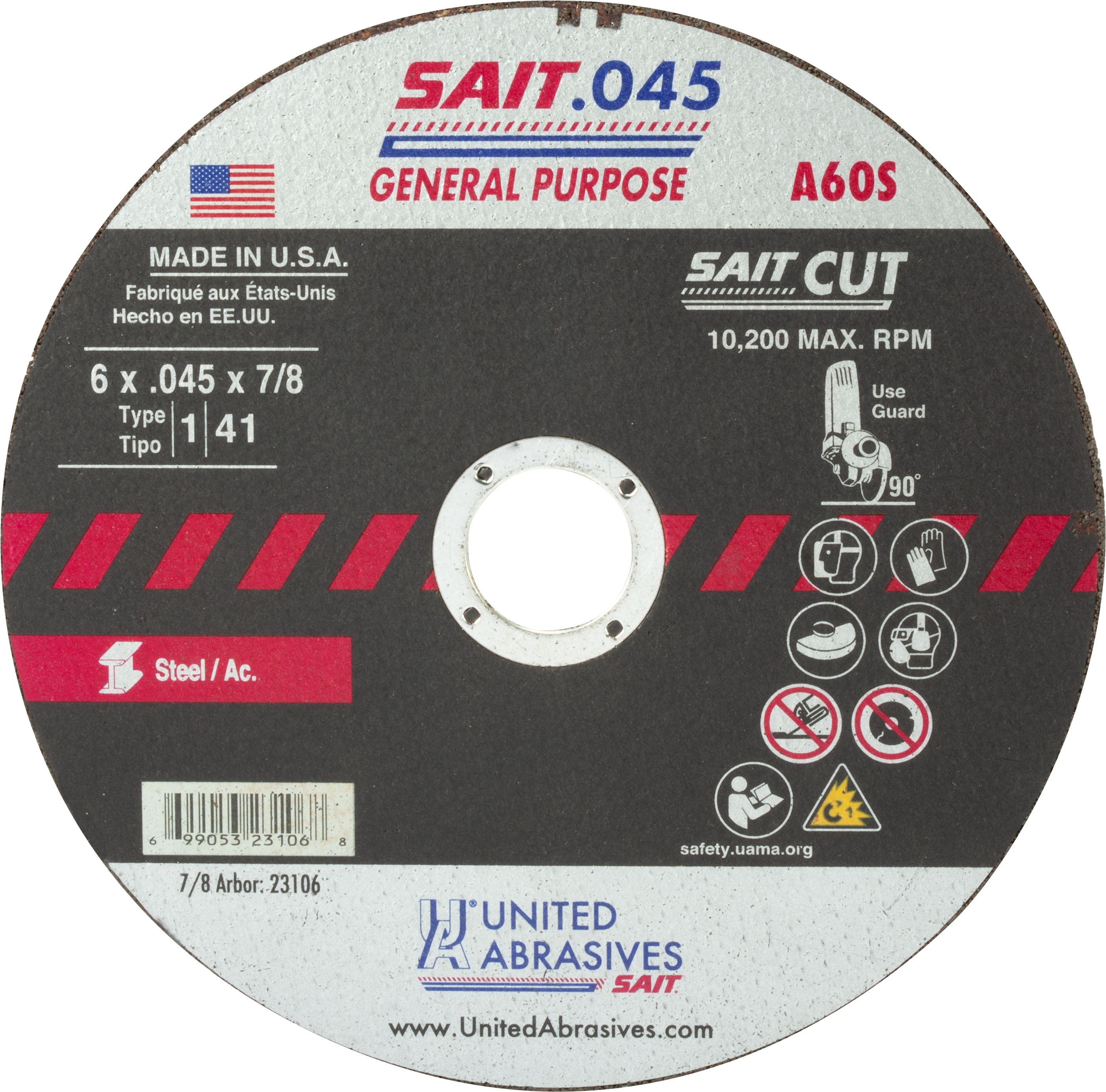 6" x .045" x 7/8" A60S General Purpose Thin High Speed Cut-Off Wheels, Type 1, United Abrasives 23106