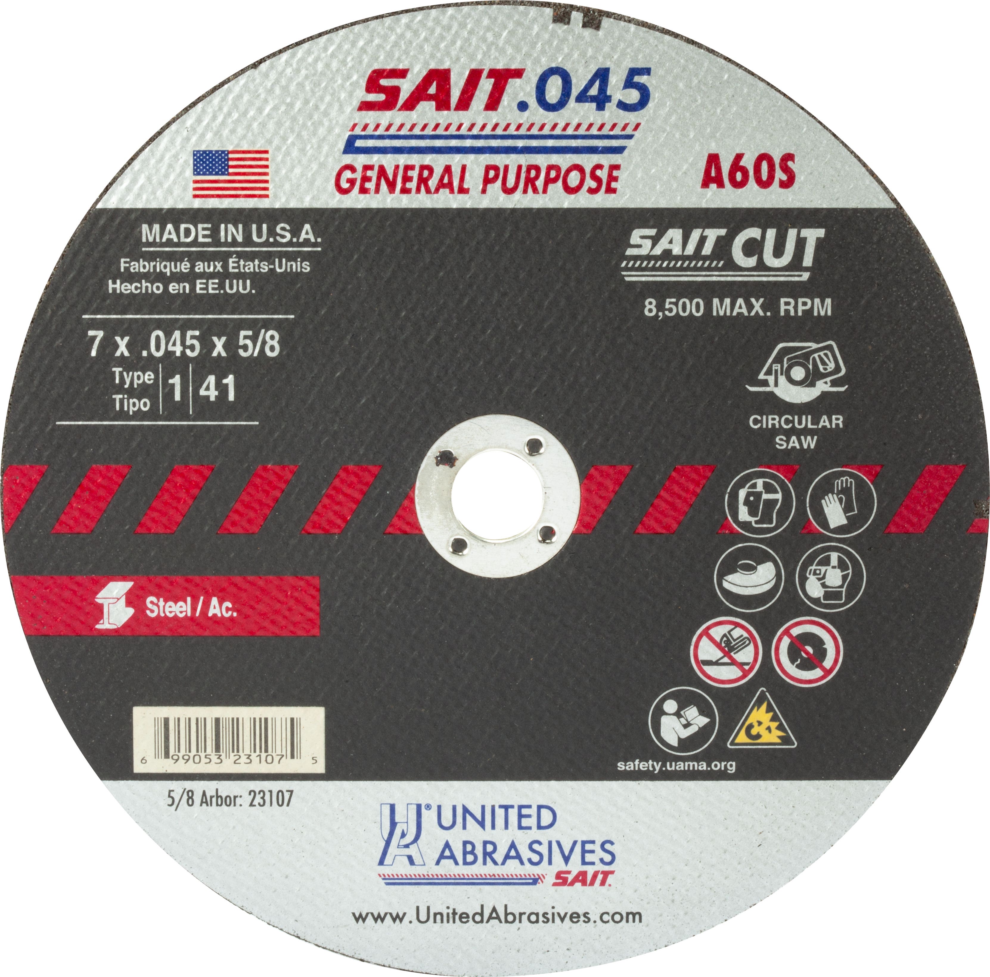 7" x .045" x 5/8" A60S General Purpose Thin High Speed Cut-Off Wheels, Type 1, United Abrasives 23107