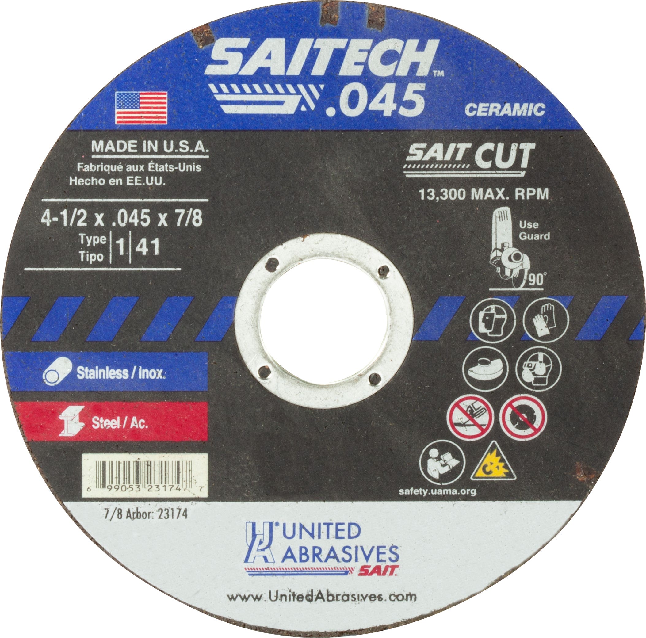 4-1/2" x .045" x 7/8" Saitech Thin High Speed Cut-Off Wheels, Type 1, United Abrasives 23174