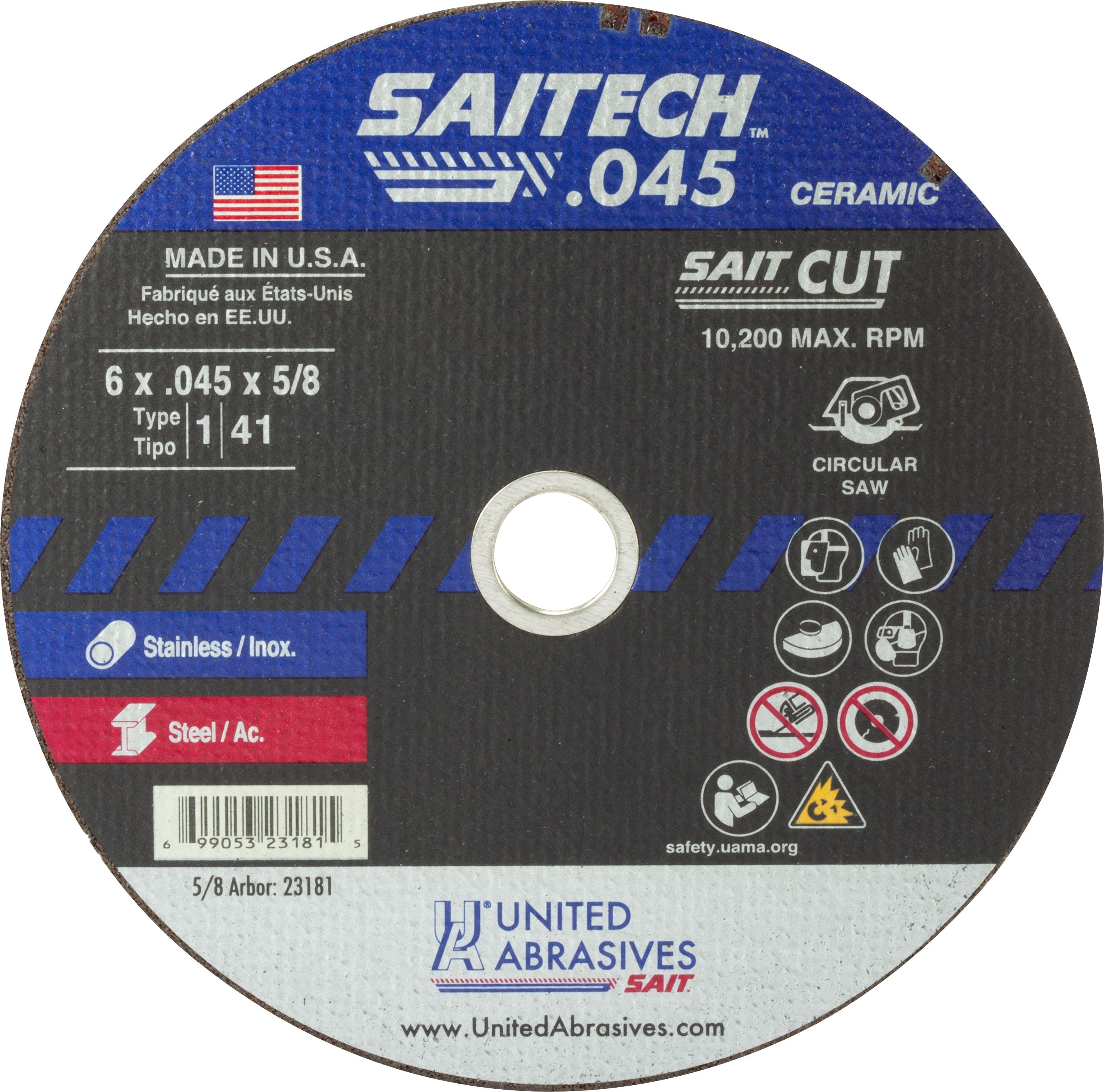 6" x .045" x 5/8" Saitech Thin High Speed Cut-Off Wheels, Type 1, United Abrasives 23181