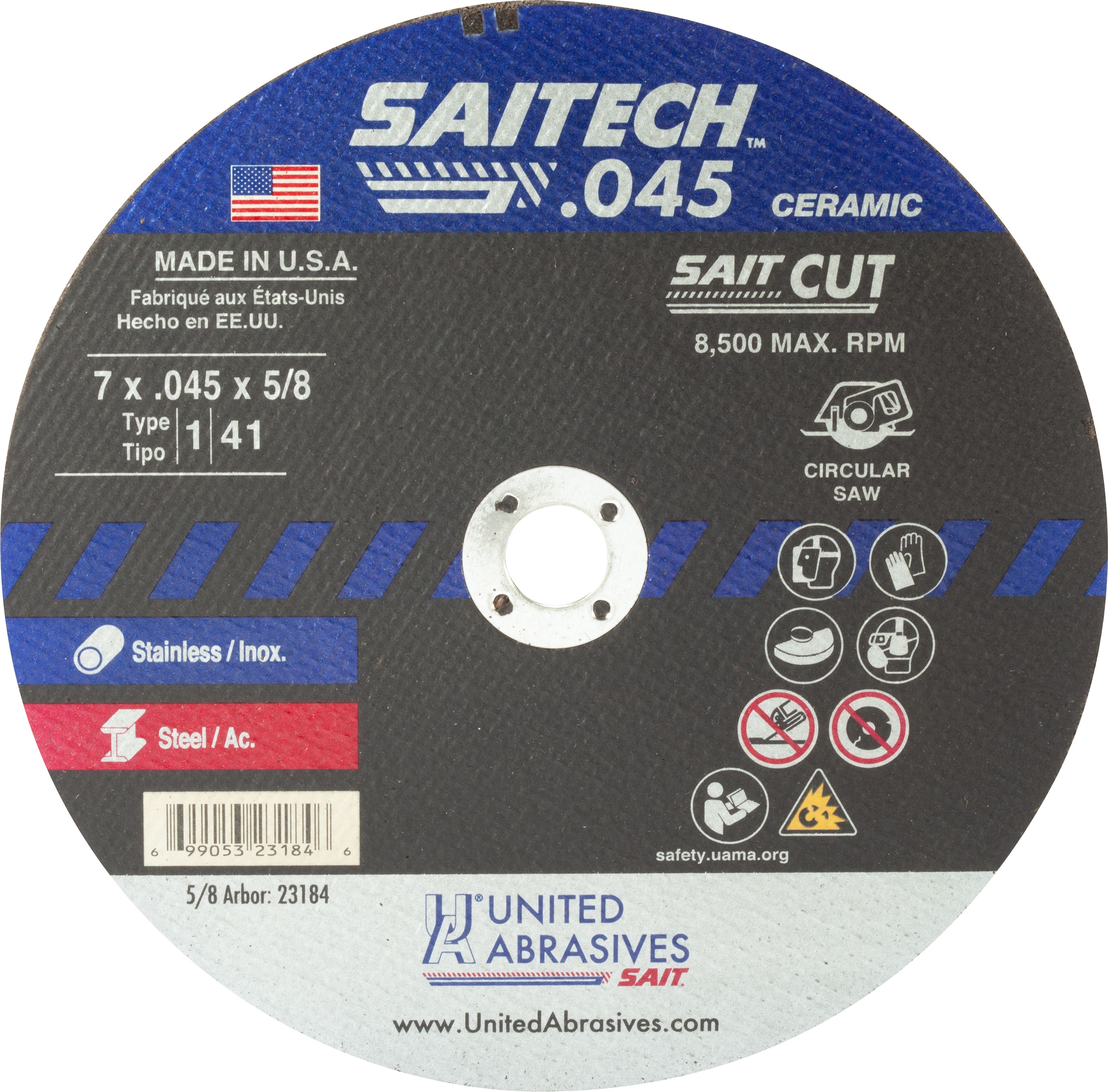 7" x .045" x 5/8" Saitech Thin High Speed Cut-Off Wheels, Type 1, United Abrasives 23184