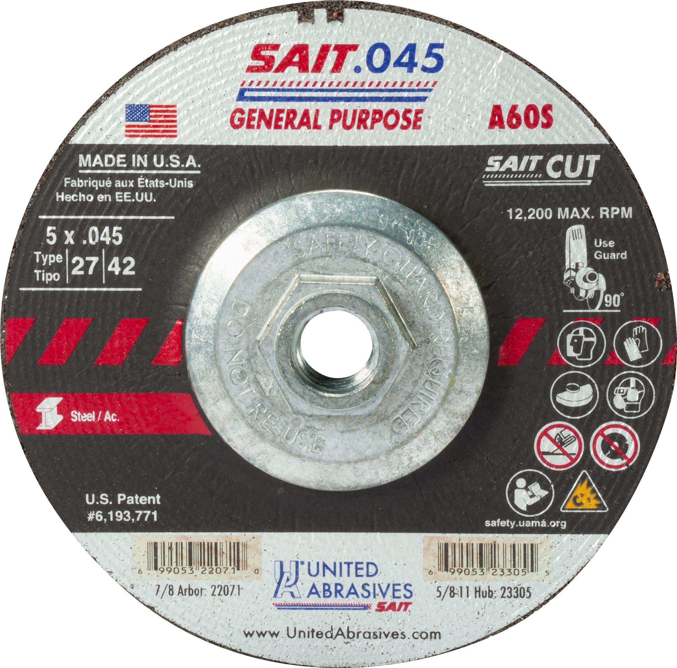 5" x .045" x 5/8"-11 A60S General Purpose Depressed Center Cutting Wheels, Type 27, United Abrasives 23305