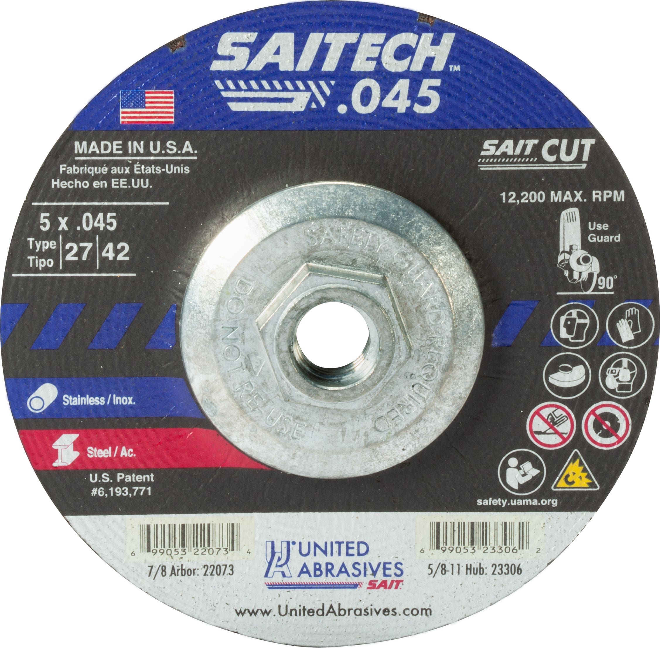 5" x .045" x 5/8"-11 Saitech High Performance Cutting Wheels, Type 27, United Abrasives 23306