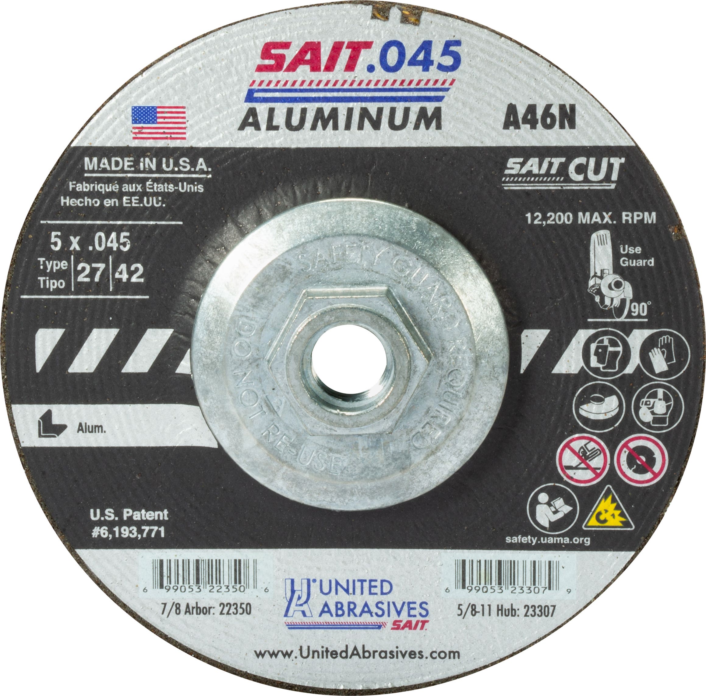 5" x .045" x 5/8"-11 A46N Aluminum Depressed Center Cutting Wheels, Type 27, United Abrasives 23307
