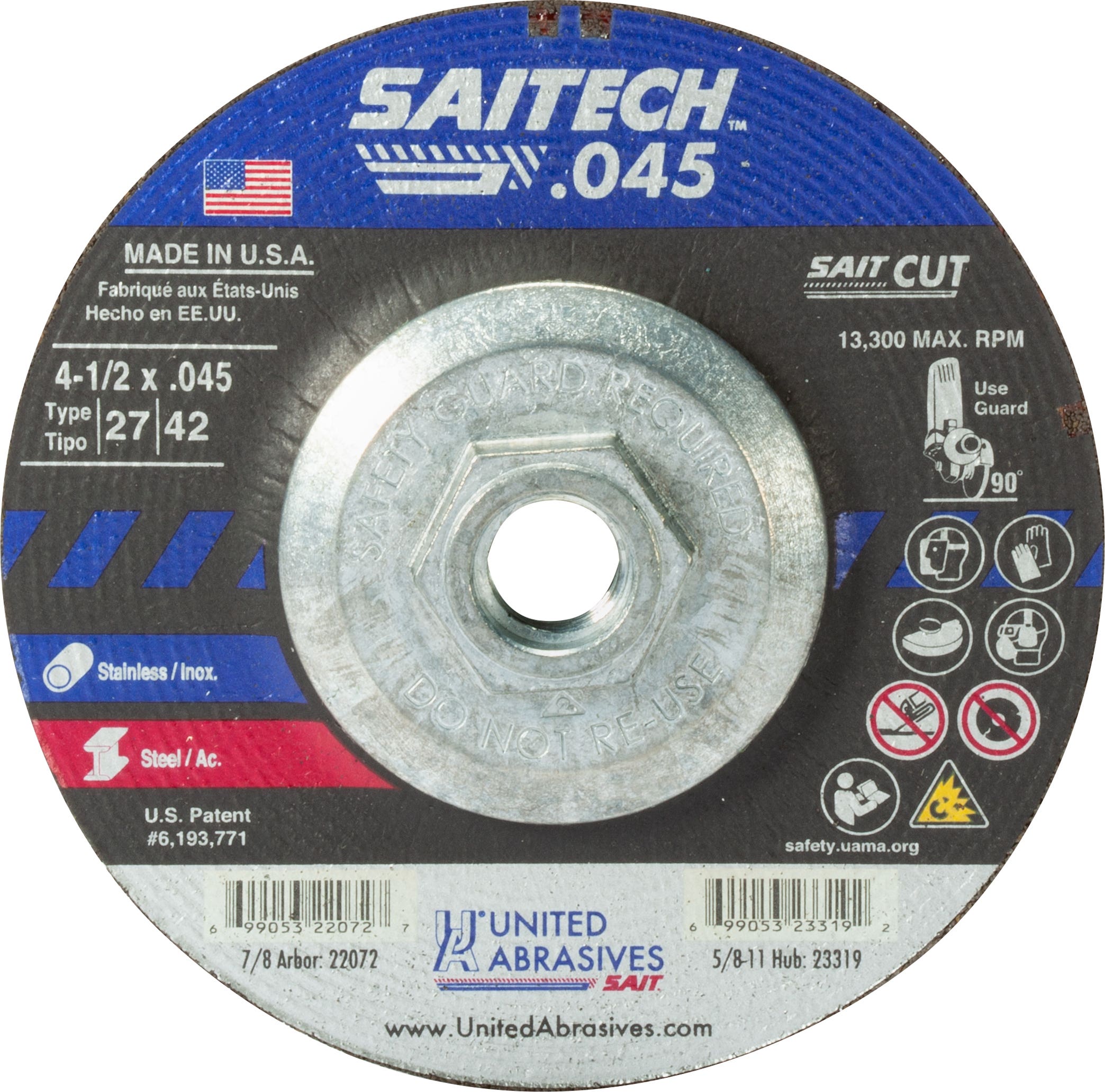 4-1/2" x .045" x 5/8"-11 Saitech High Performance Cutting Wheels, Type 27, United Abrasives 23319