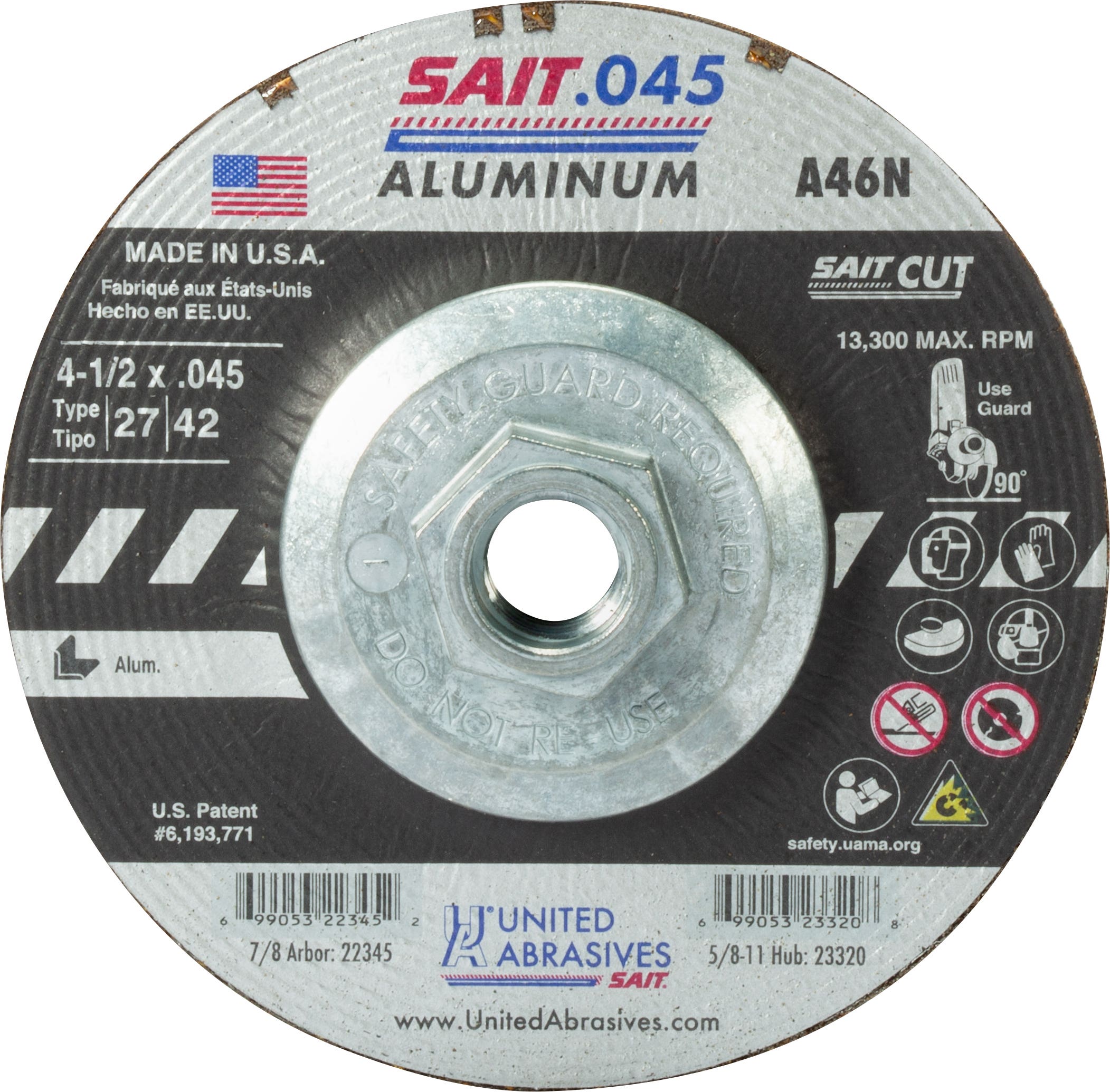 4-1/2" x .045" x 5/8"-11 A46N Aluminum Depressed Center Cutting Wheels, Type 27, United Abrasives 23320