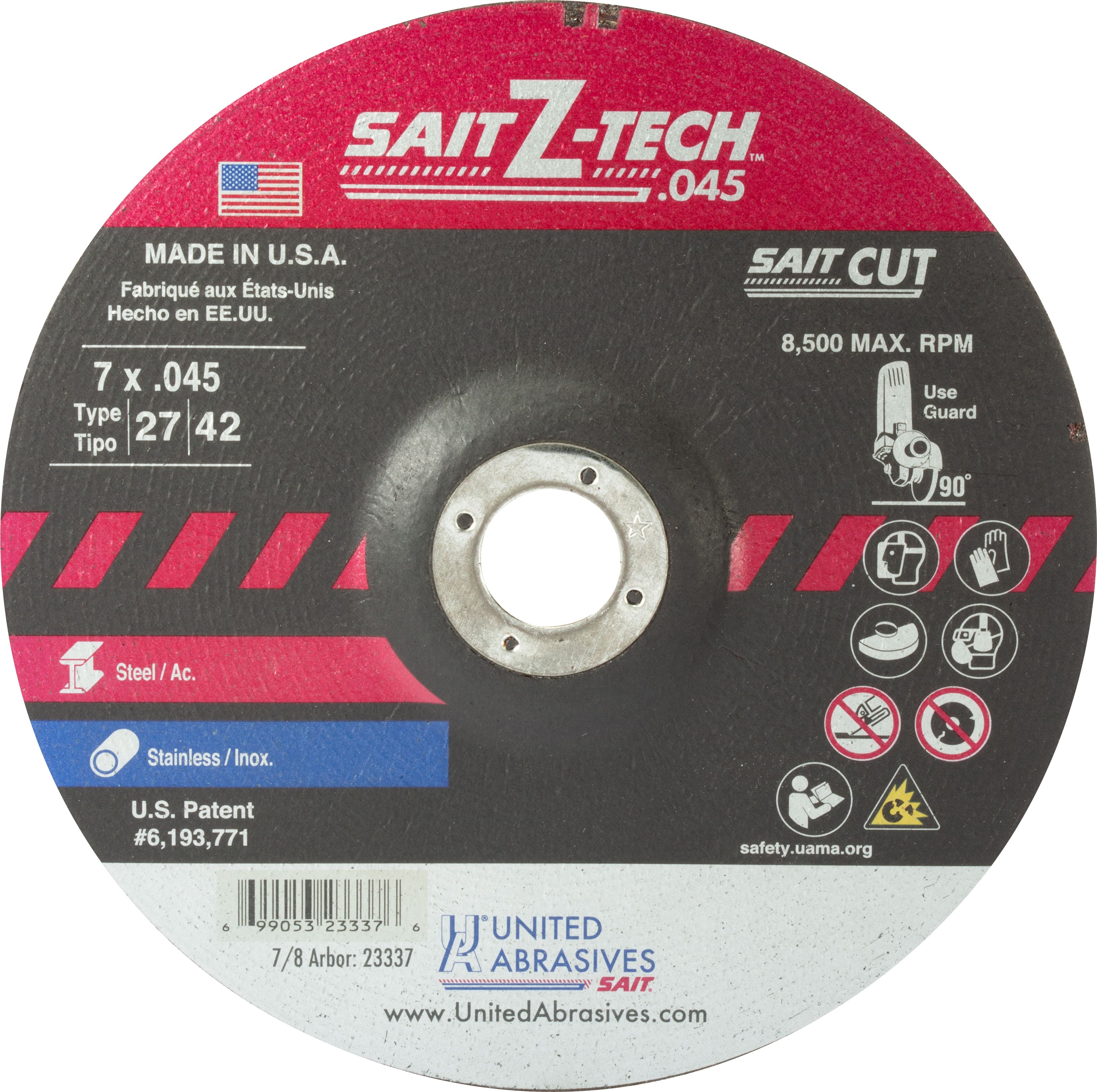 7 x .045 x 7/8 Z-Tech High Performance High Performance Cutting Wheels, Type 27, United Abrasives 23337