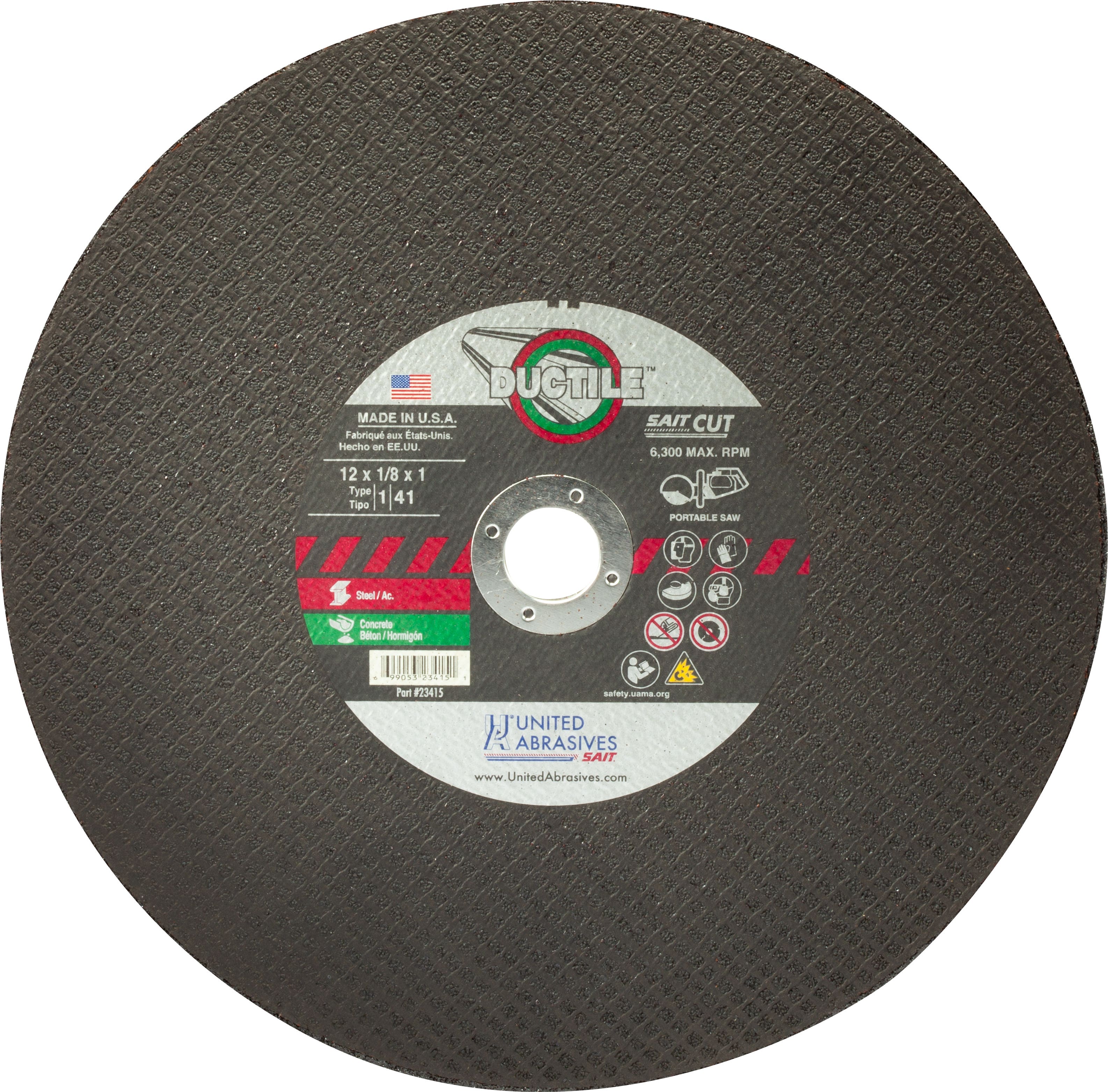 12" x 1/8" x 1 Ductile Portable Saw Cut-Off Wheels, Type 1, United Abrasives 23415
