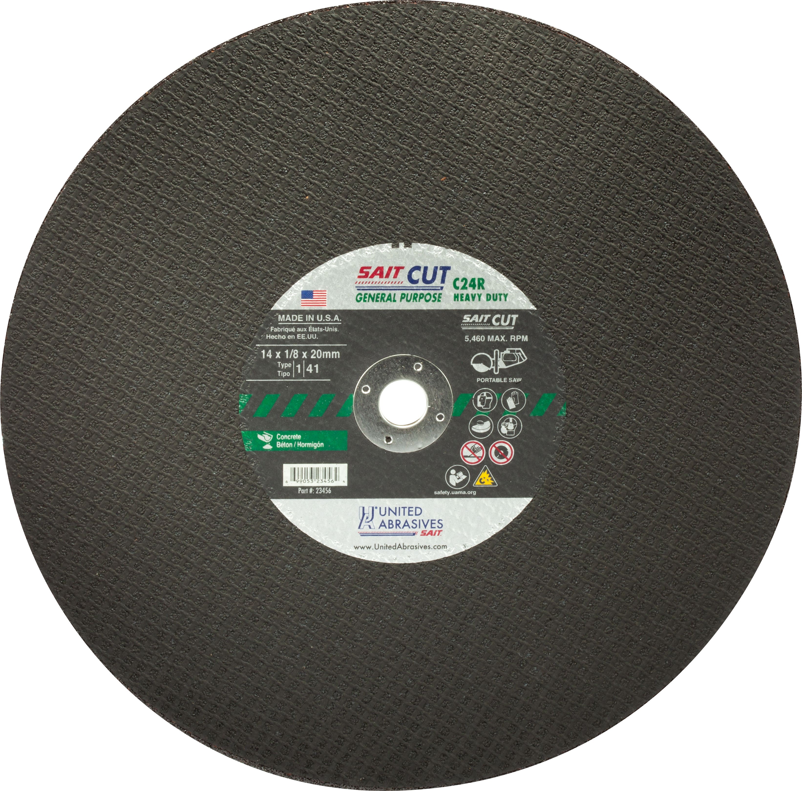 14" x 1/8" x 20mm C24R Concrete Portable Saw Cut-Off Wheels, Type 1, United Abrasives 23456