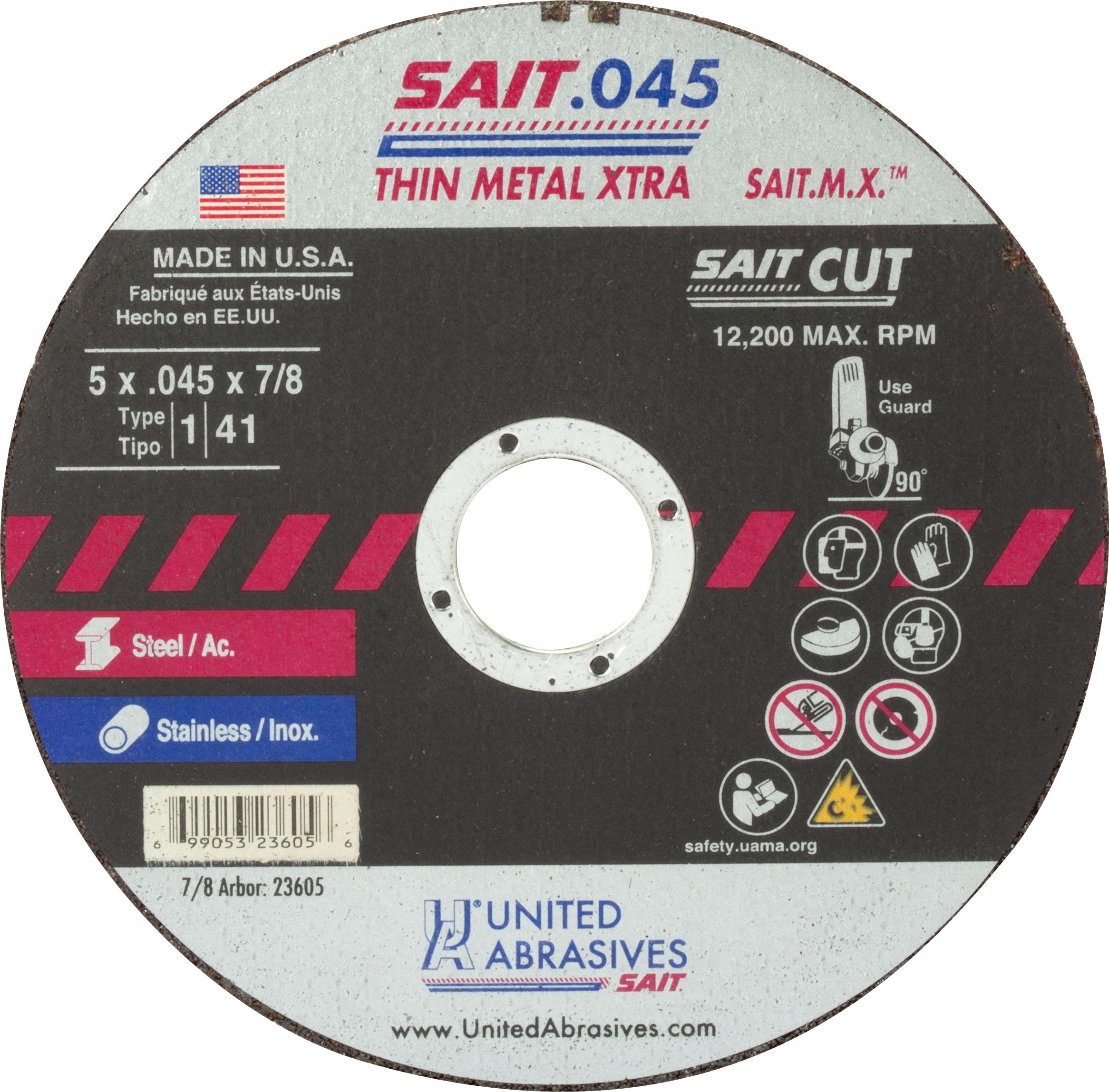 5" x 0.45" x 7/8" Sait.M.X. Ferrous Metals Thin High Speed Cut-Off Wheels, Type 1, United Abrasives 23605