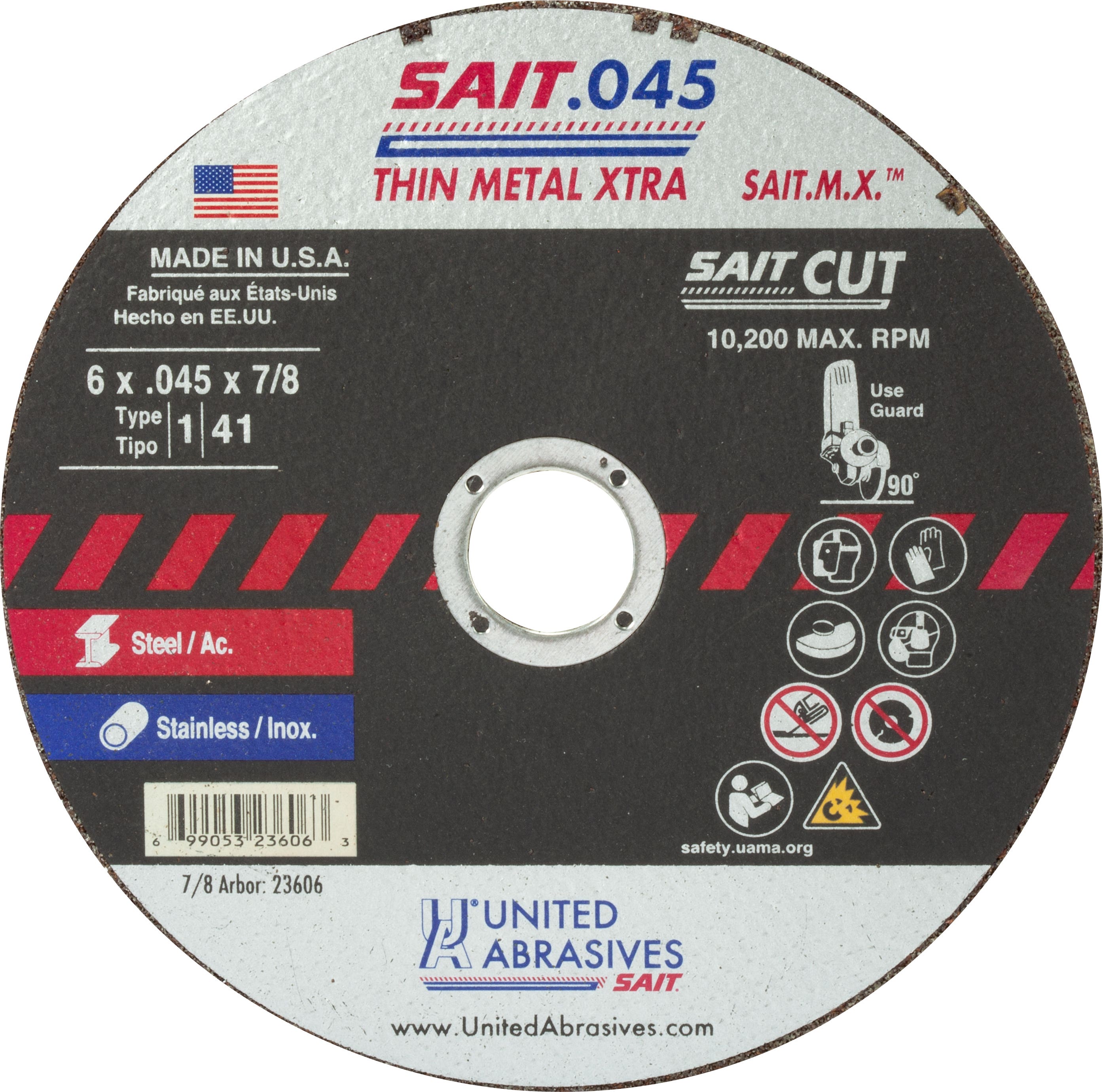 6" x 0.45" x 7/8" Sait.M.X. Ferrous Metals Thin High Speed Cut-Off Wheels, Type 1, United Abrasives 23606