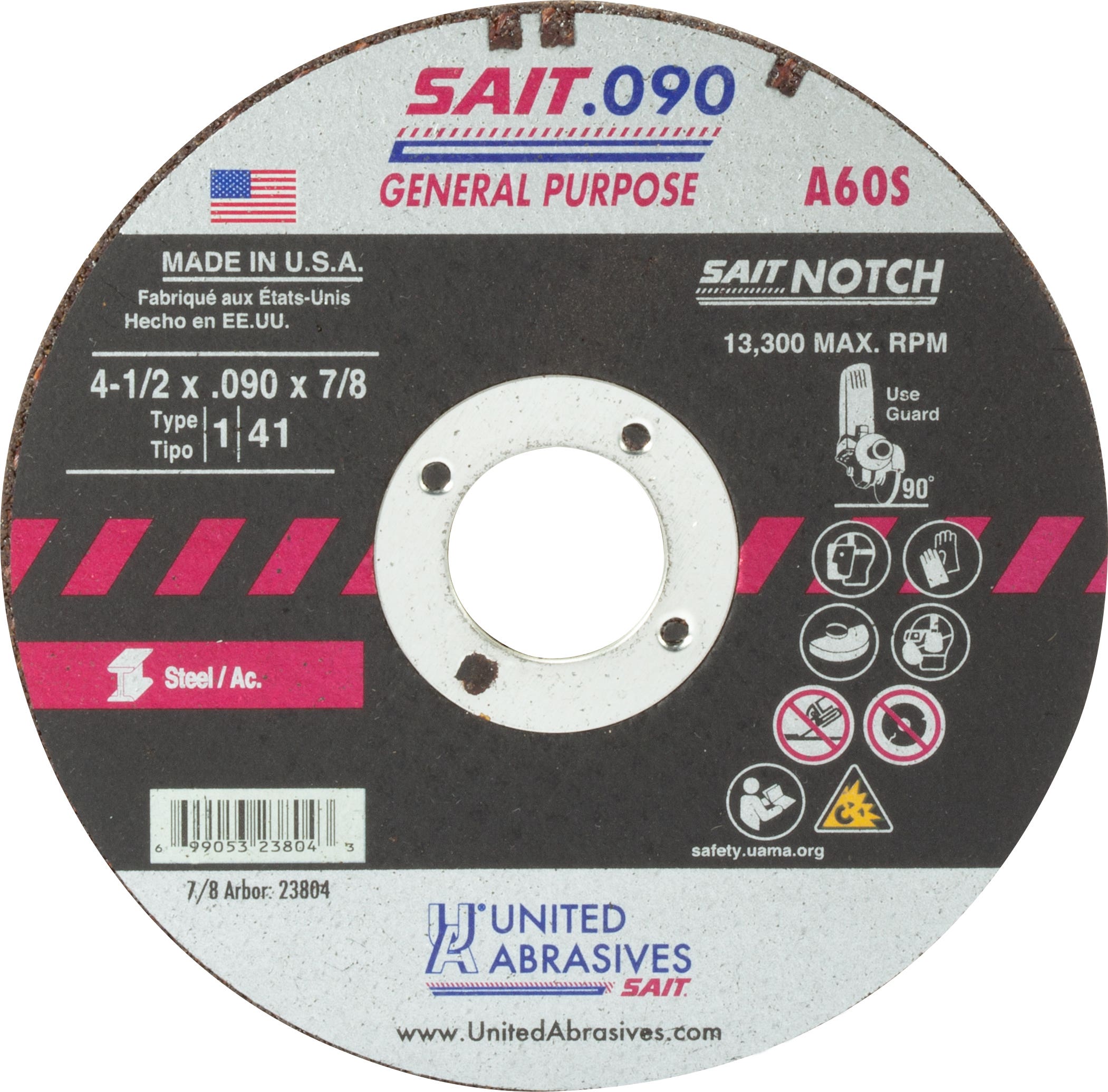 4-1/2" x .090" x 7/8" A60S - General Purpose, Type 1, High Speed Cut-Off Wheels, 13,300 Max RPM, United Abrasives 23804