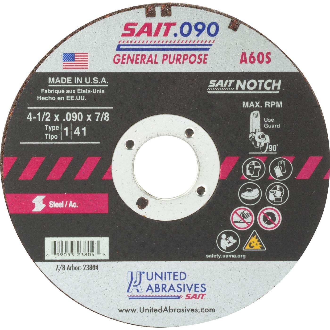 7" x .090" x 5/8" A60S - General Purpose, Type 1, High Speed Cut-Off Wheels, 8,500 Max RPM, United Abrasives 23807