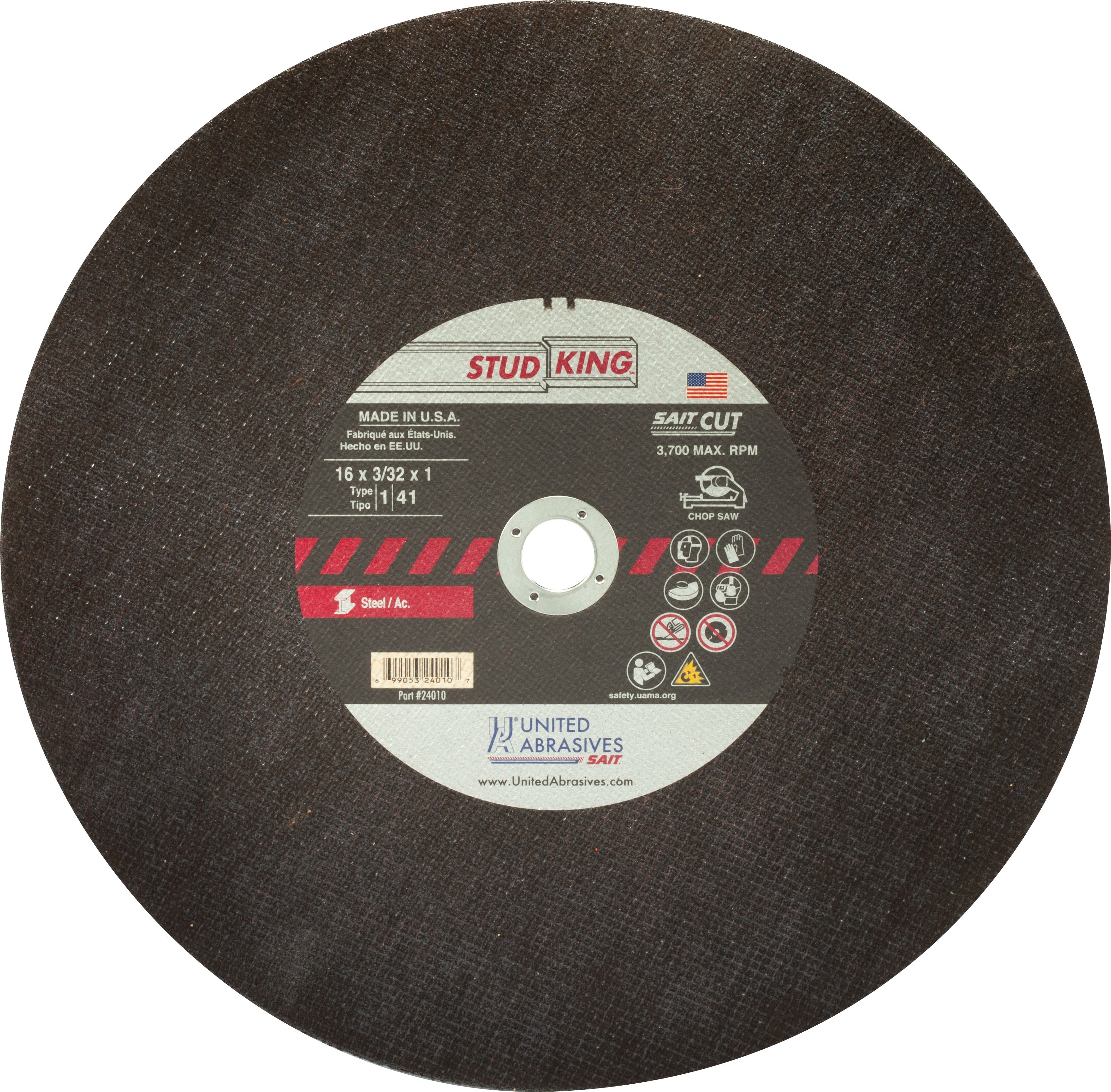 16" x 3/32" x 1" Stud King Chop Saw Wheels, Type 1, 3,700 Max RPM, United Abrasives 24010