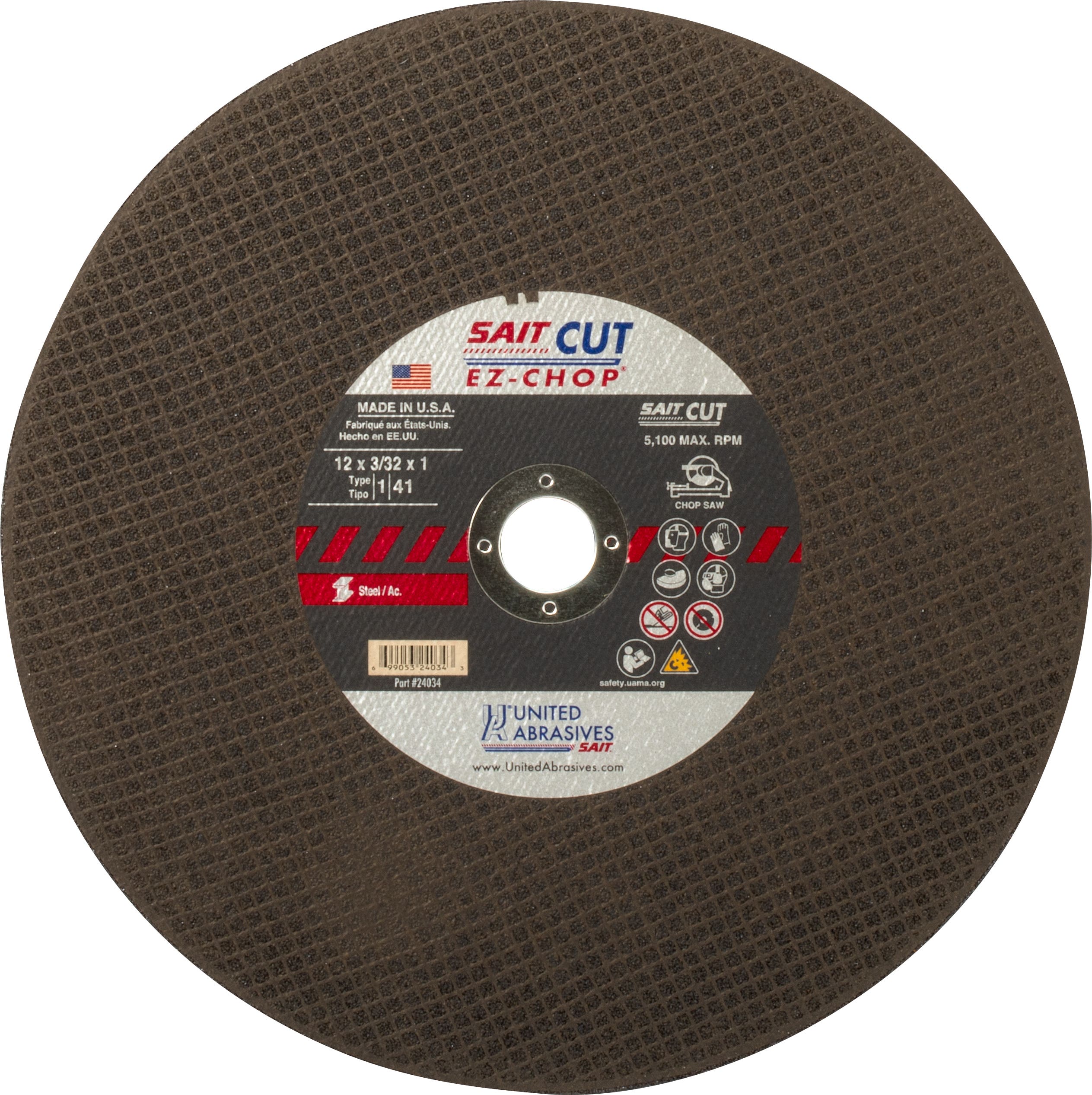 12" x 3/32" x 1" Sait EZ-Chop Chop Saw Wheels, Type 1, United Abrasives 24034