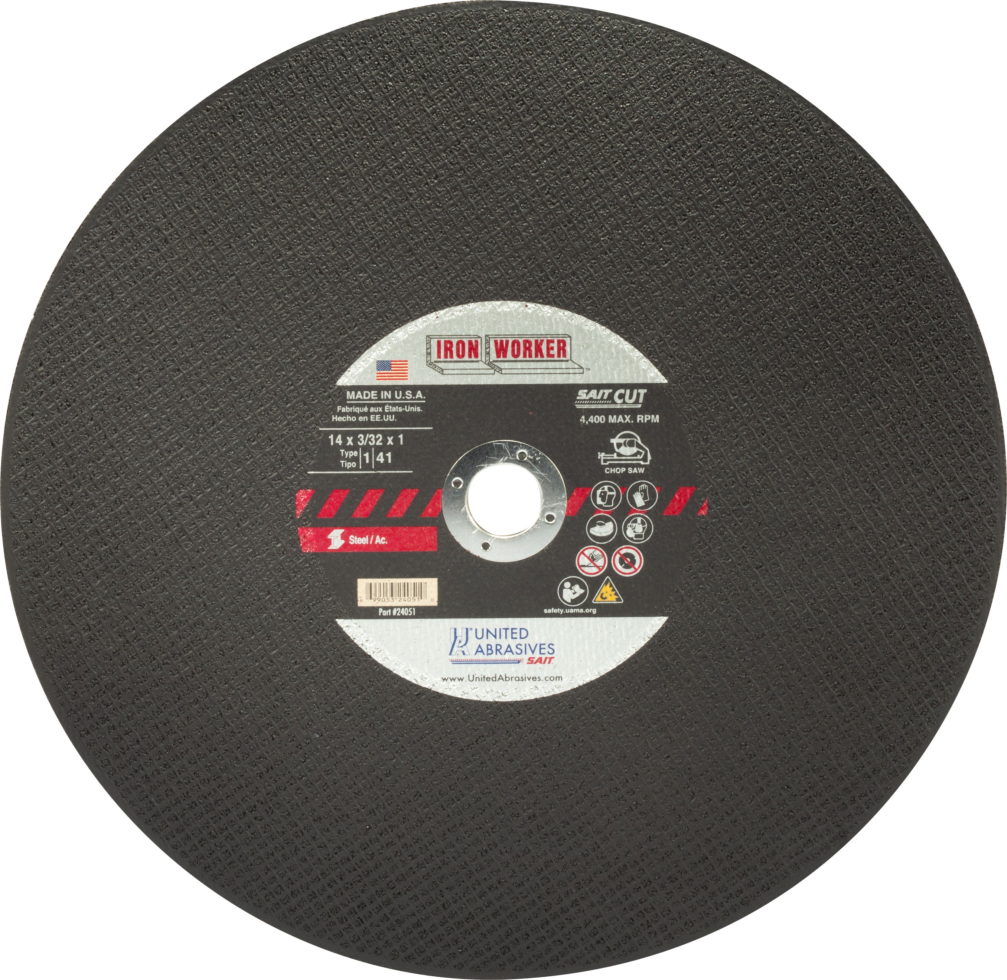 14" x 3/32" x 1" Iron Worker Chop Saw Wheels, Type 1, United Abrasives 24051