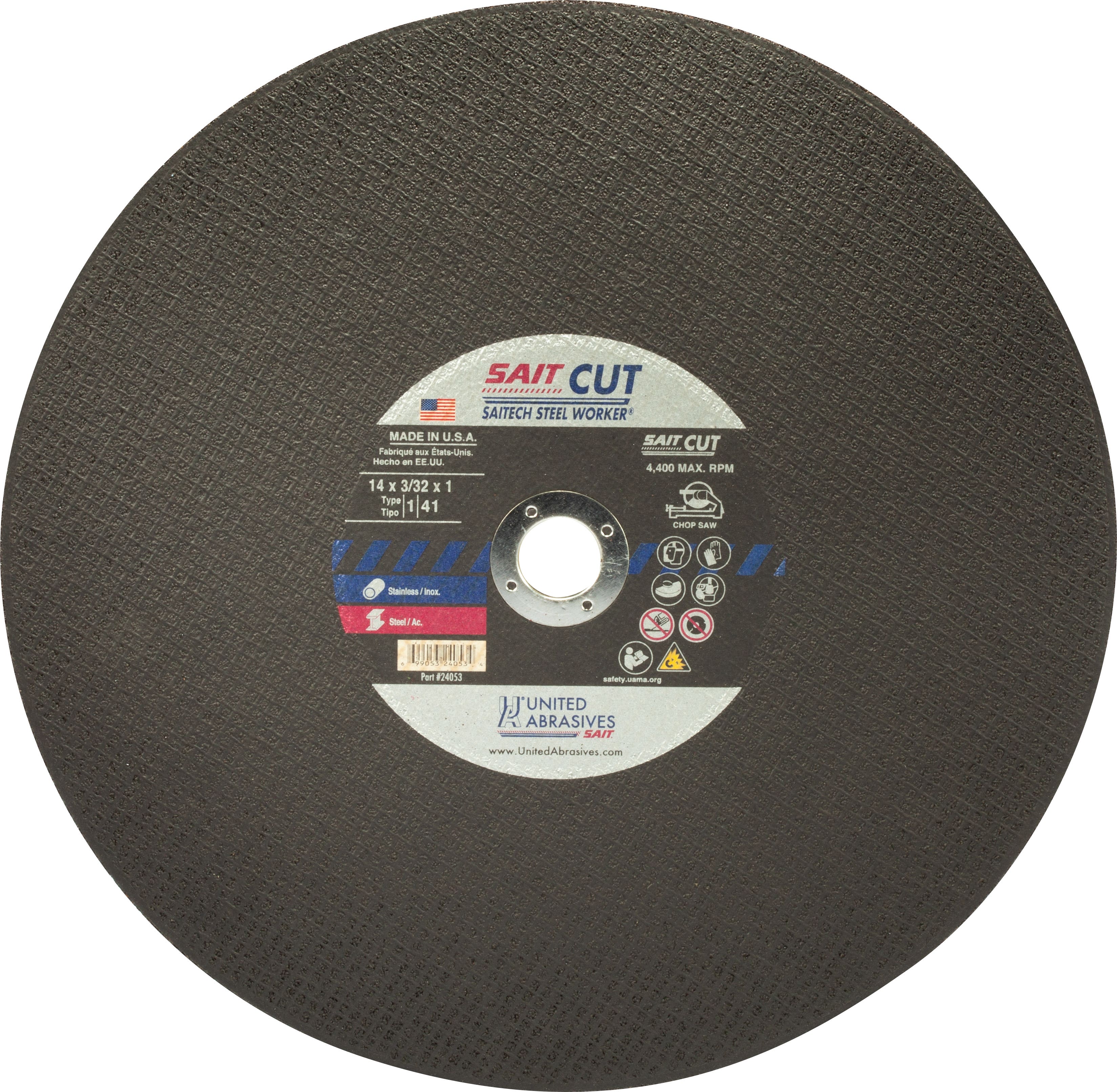 14" x 3/32" x 1 Saitech Steel Worker Chop Saw Wheels, Type 1, United Abrasives 24053