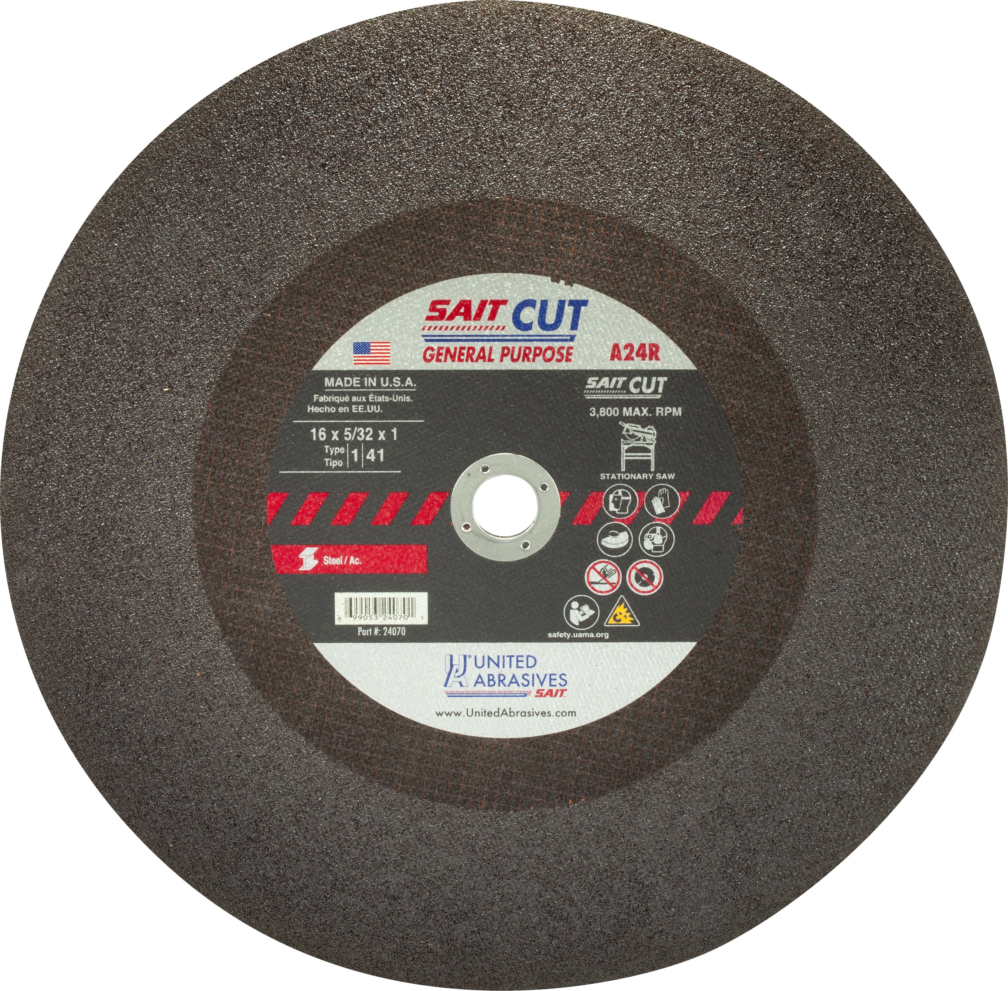16" x 5/32" x 1" A24R - Long Life Stationary Saw Cut-Off Wheels, Type 1, 3,800 Max RPM, United Abrasives 24070