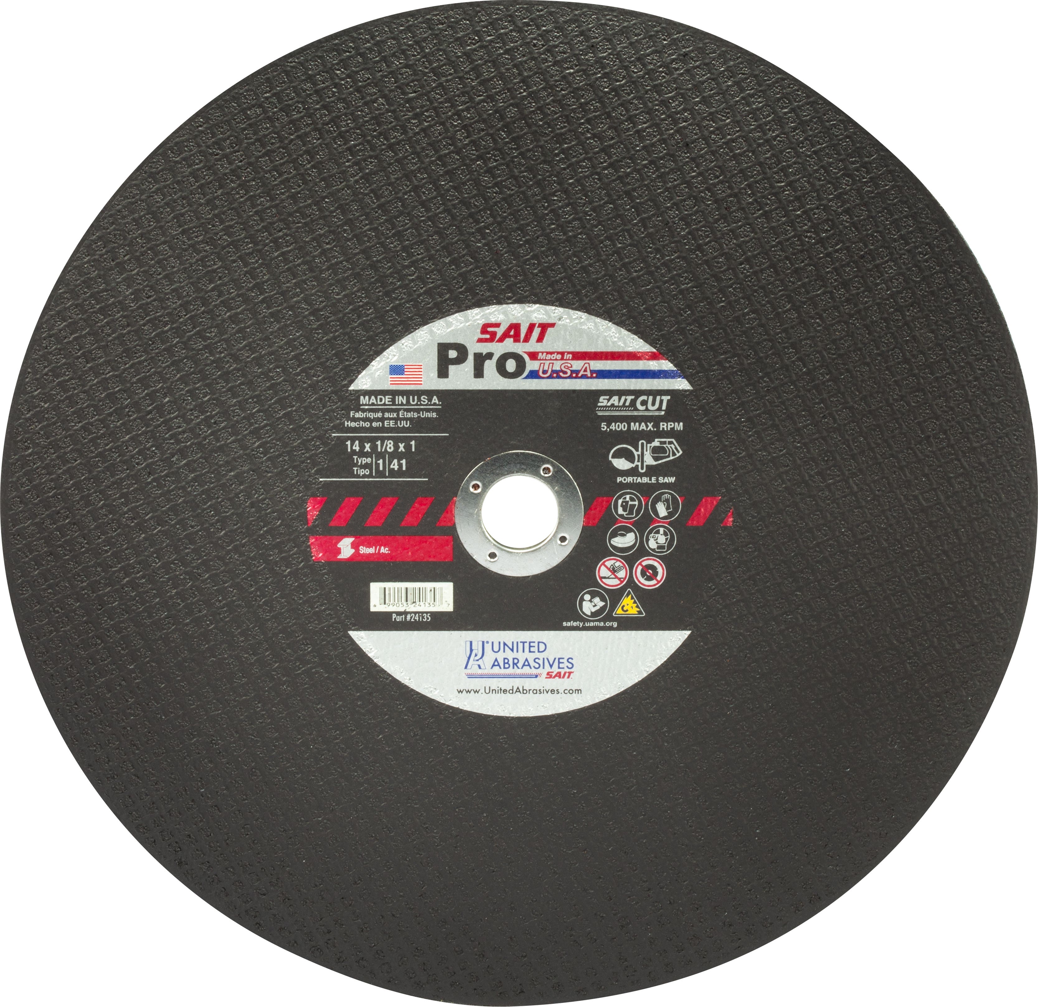14" x 1/8" x 1 Sait Pro - Metal Portable Saw Cut-Off Wheels, Type 1, United Abrasives 24135