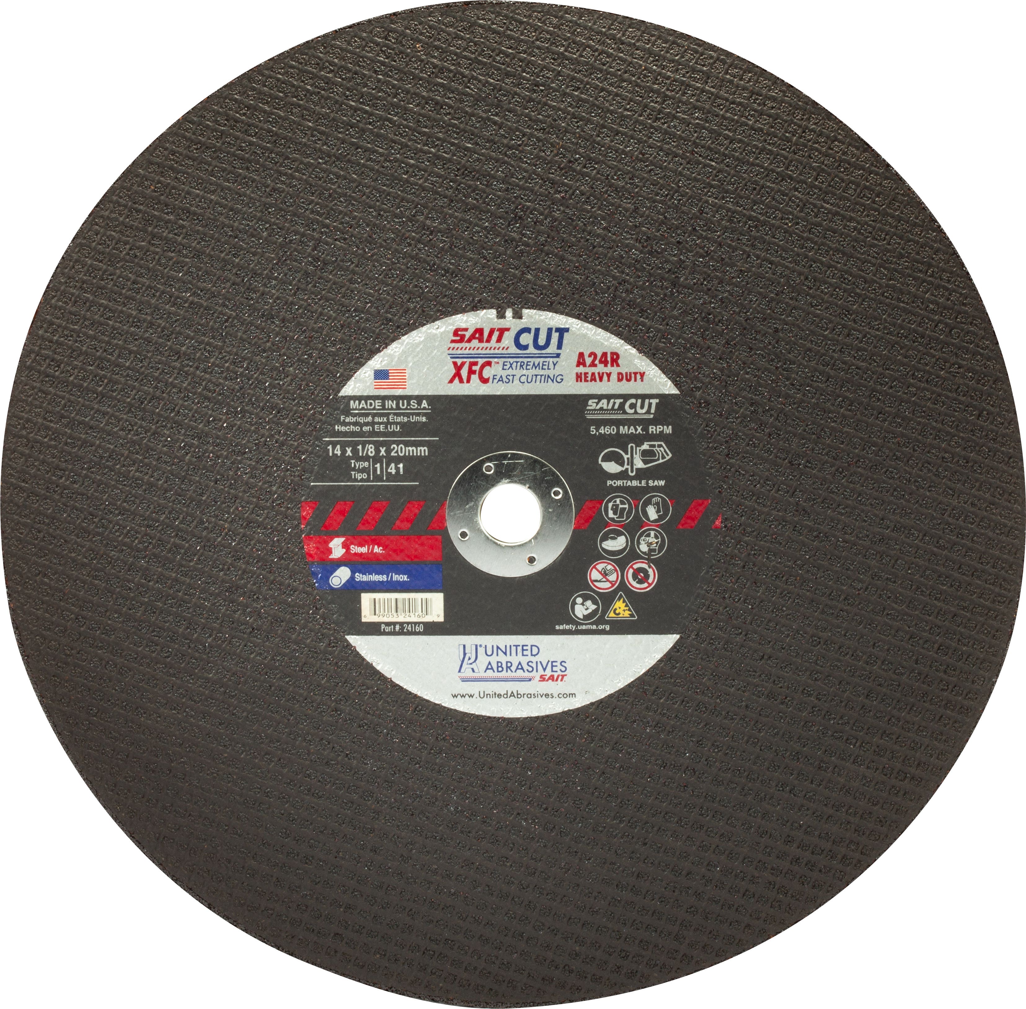 14" x 1/8" x 20 mm. XFC Extremely Fast Cutting, Type 1 Portable Saw Cut-Off Wheels, United Abrasives 24160