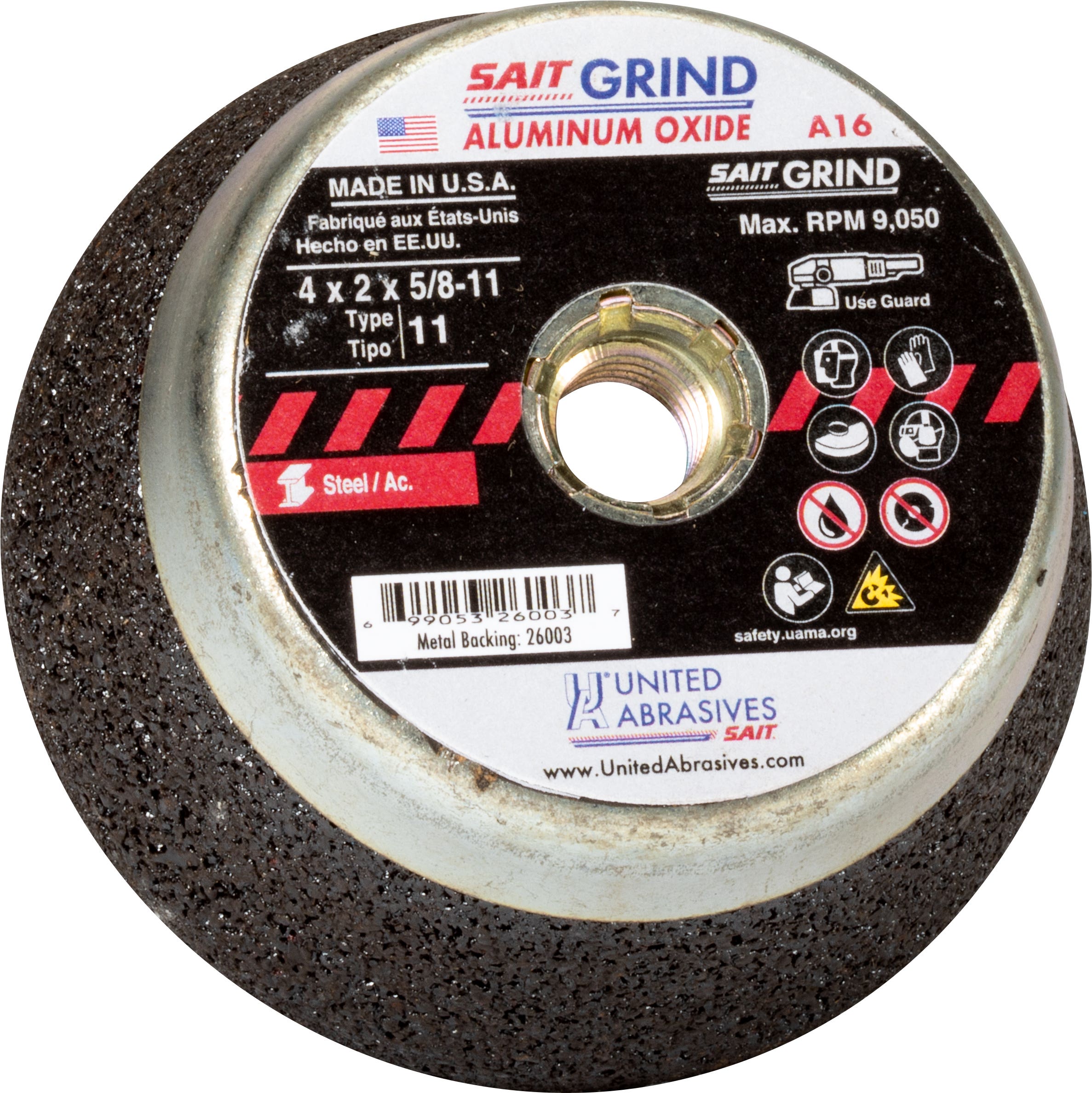 4 x 2" x 5/8-11 A16 General Purpose Grinding Cup Stones with Metal Backing, Type 11, United Abrasives