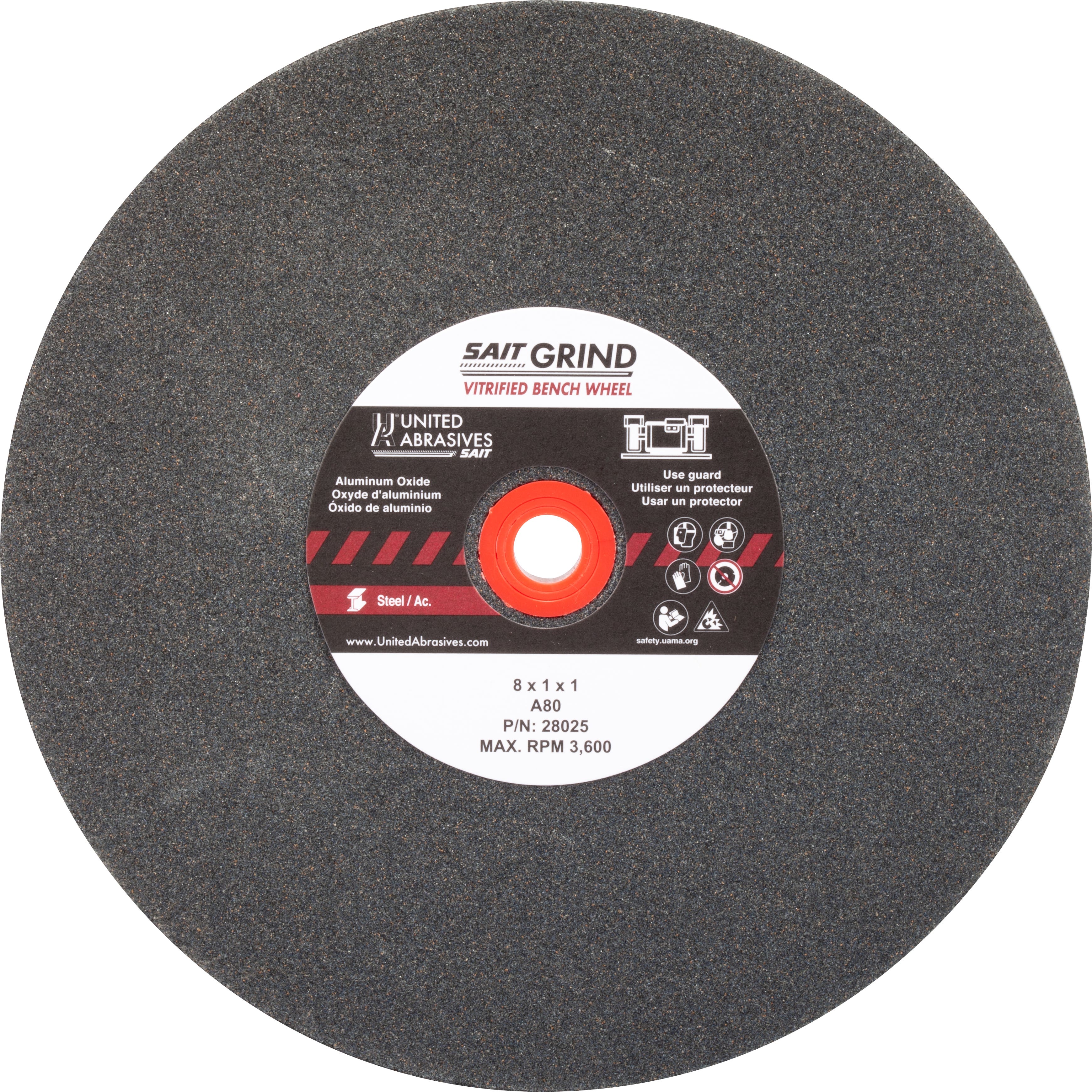 8" x 1" x 1" Grade A80 - Aluminum Oxide, Bench Wheel, 3,600 Max RPM, United Abrasives 28025