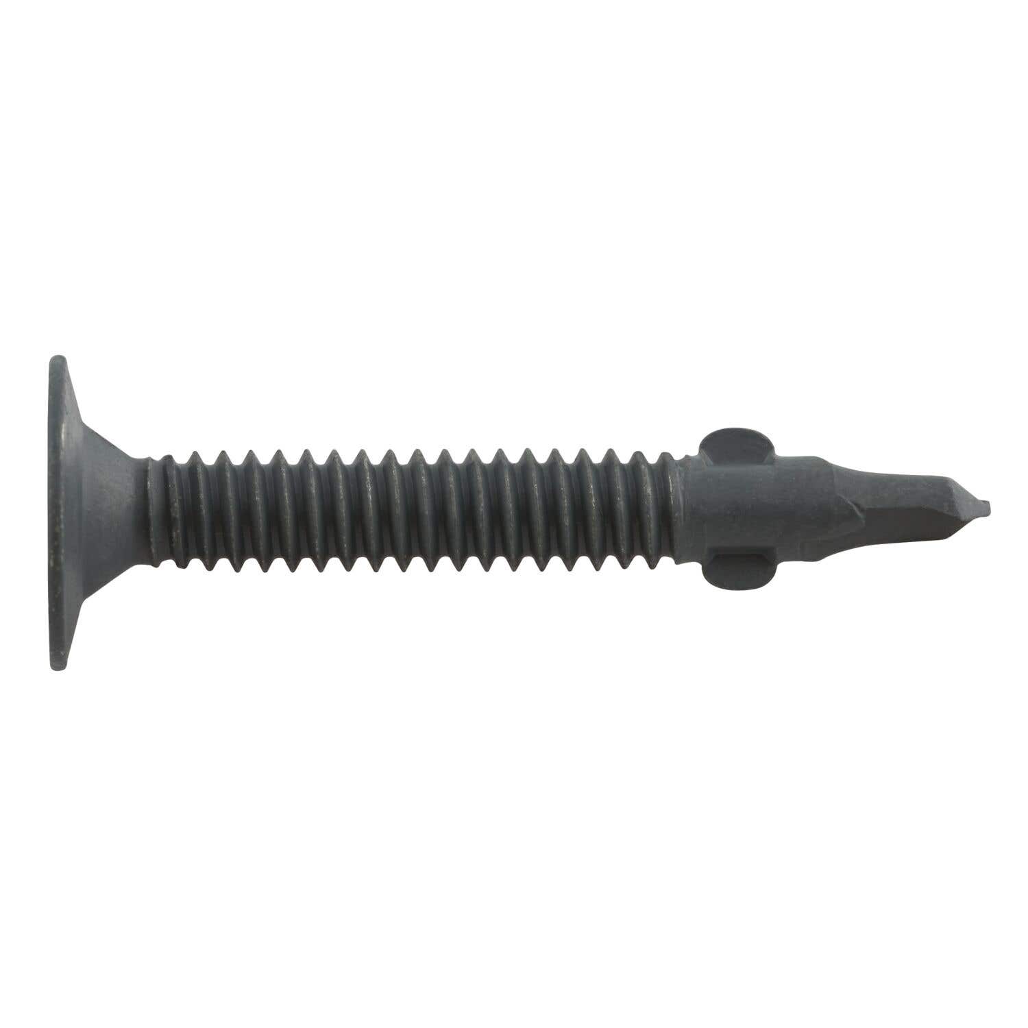 #12-24 x 1-3/4" Drilit Self-Drilling Screws for Wood-to-Metal Applications, #3 Phillips Wafer Head, #4 Point with Wings, Case Hardened Carbon Steel with ACQ Gray Stalgard Coating, ICC Code Approved, ESR-4367